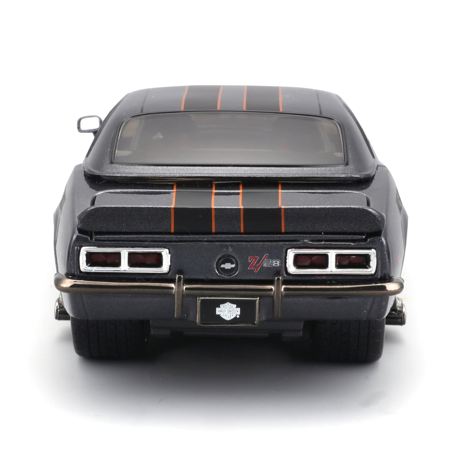 Maisto 1968 Chevrolet Camaro Z/28 Dark Gray Metallic with Black and Orange Stripes Harley Davidson H-D Custom 1/24 Diecast Model Car