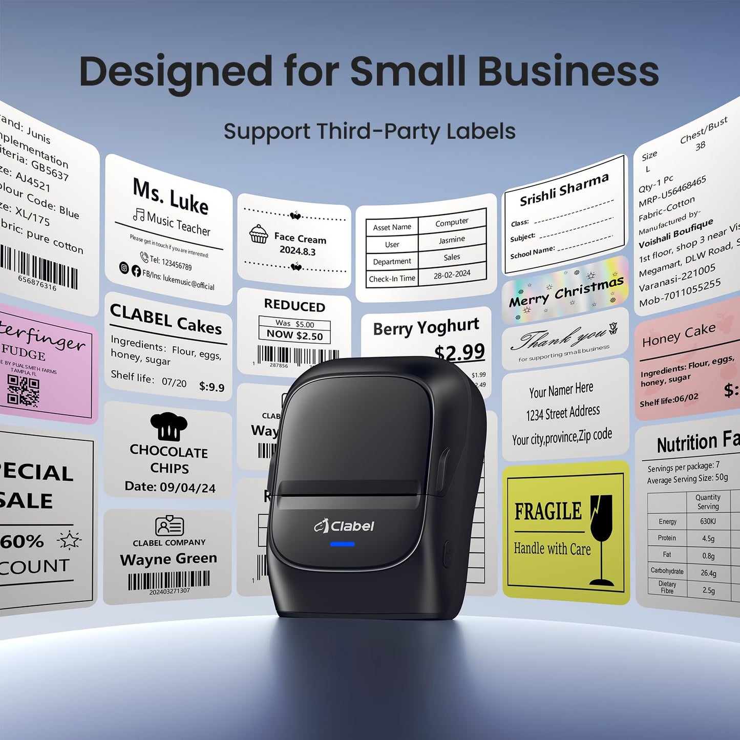 CLABEL Label Maker Machine with Tape, 221B Thermal Bluetooth Label Printer 2 Inch Portable Barcode Inkless Sticker for Small Business, Retail Office,Office, Home, Came with 3 Roll Label (Black)