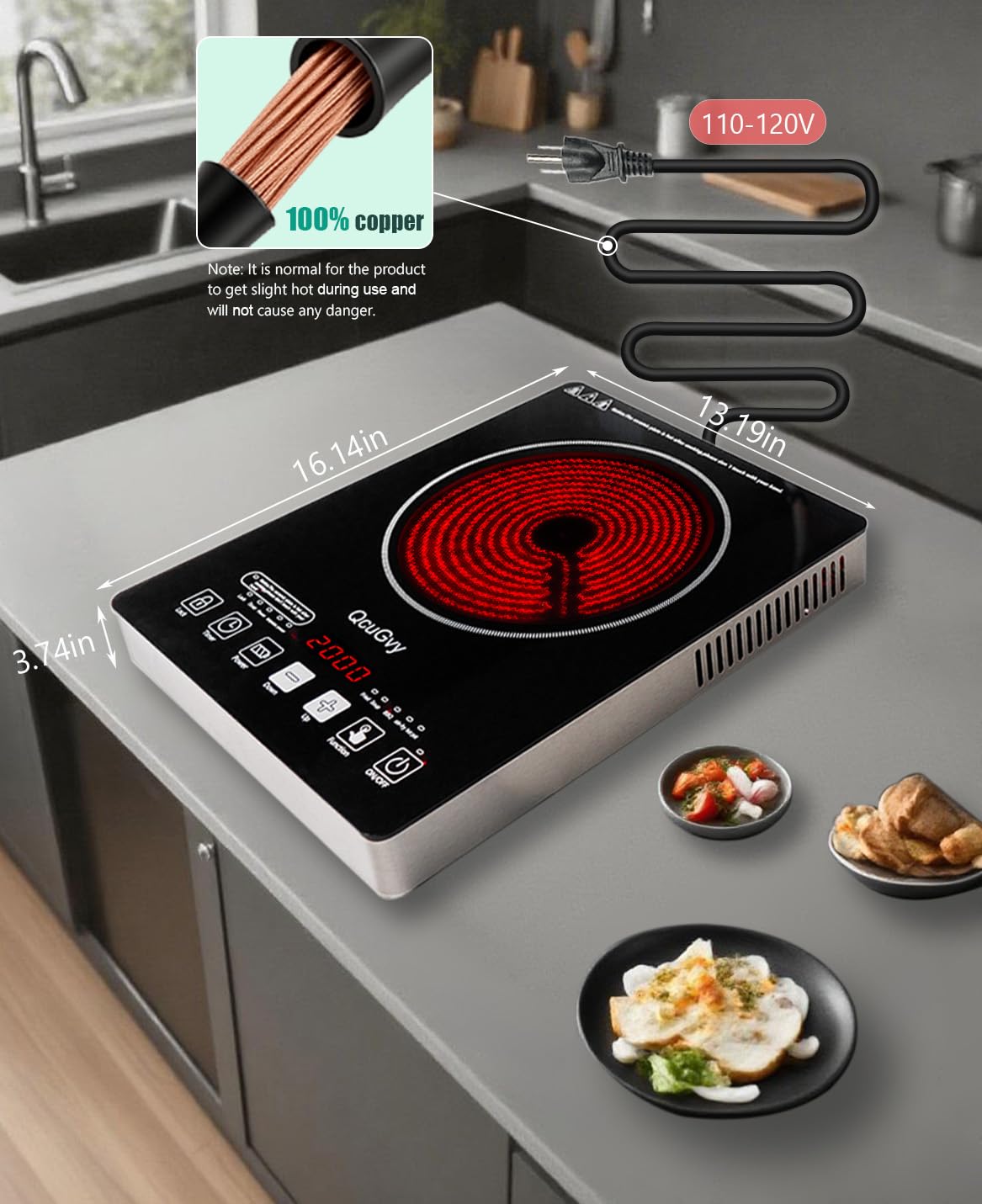 Portable Infrared Burner 2000W Electric Burner with 3 Hours Timer-Electric Hot Plate Touch Control Panel Adjustable Heating Power Glass Plate Electric Cooktop for Cooking (Black 2)