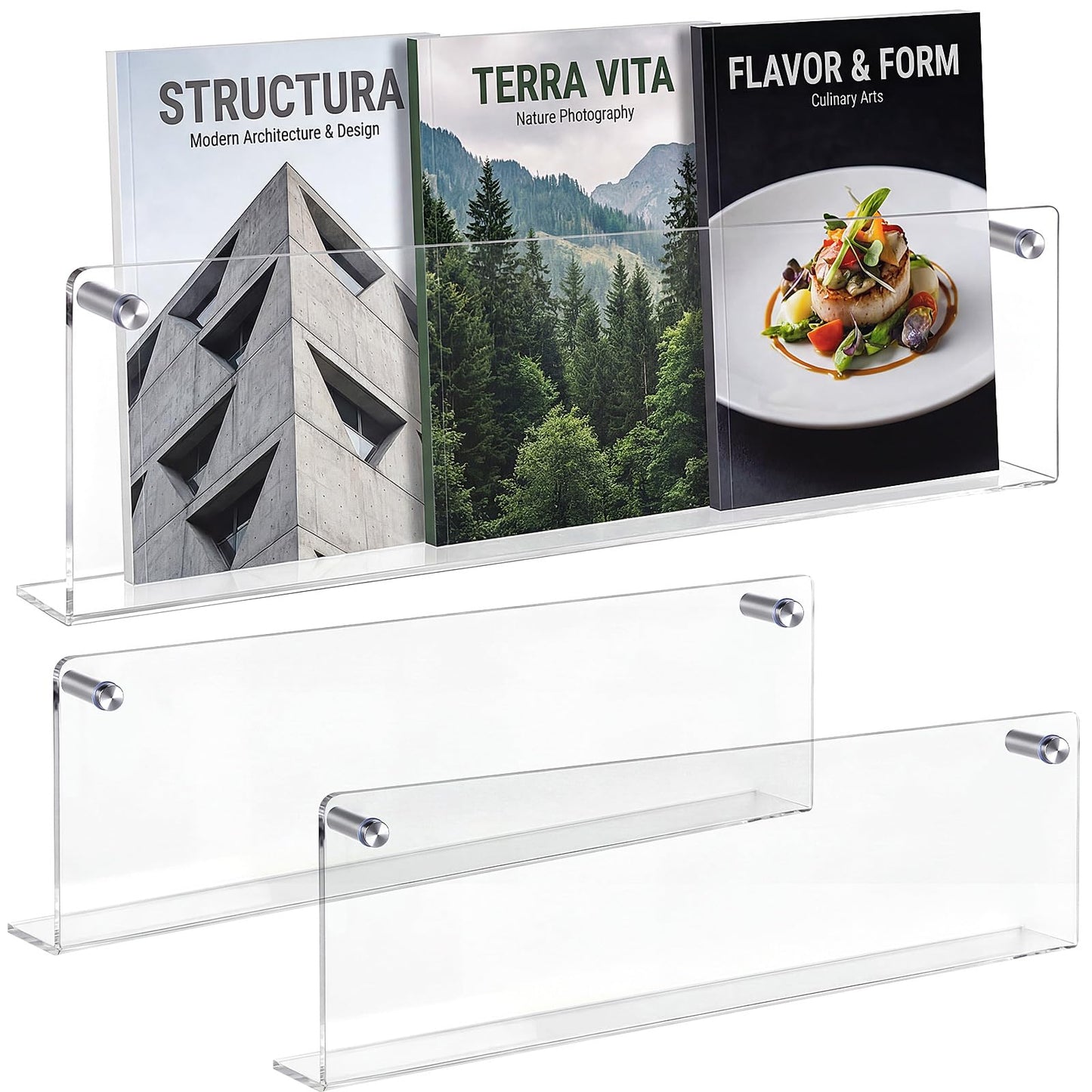 Fiwochic 2 Pack Clear Acrylic Magazine Holder Brochure Holder Wall Mount Hanging Bookshelf Literature Storage Rack for Document Brochure File Display Shelf for Waiting Living Room Office (24 Inch)