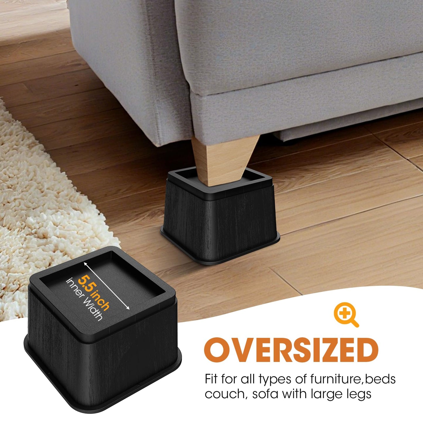 MYMULIKE Bed Risers 5 Inch, Oversized Fit Up to 5.5" Legs, Heavy Duty Support 6000lbs, Stackable Bed Raising Blocks Furniture Sturdy Bed Lifts for Couches, Tables, Desk(Black, 5 inch-4 Pack)