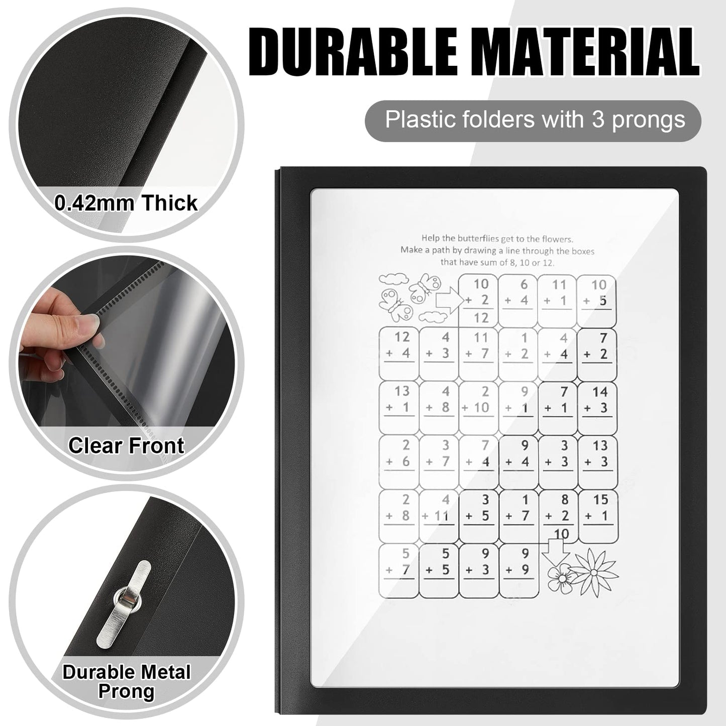 Teling 36 Pcs Report Covers with 3 Prong Fasteners Clear Front Presentation Folders Frame View Poly Report Folder Presentation Binder for Paper Document School Office (Black)