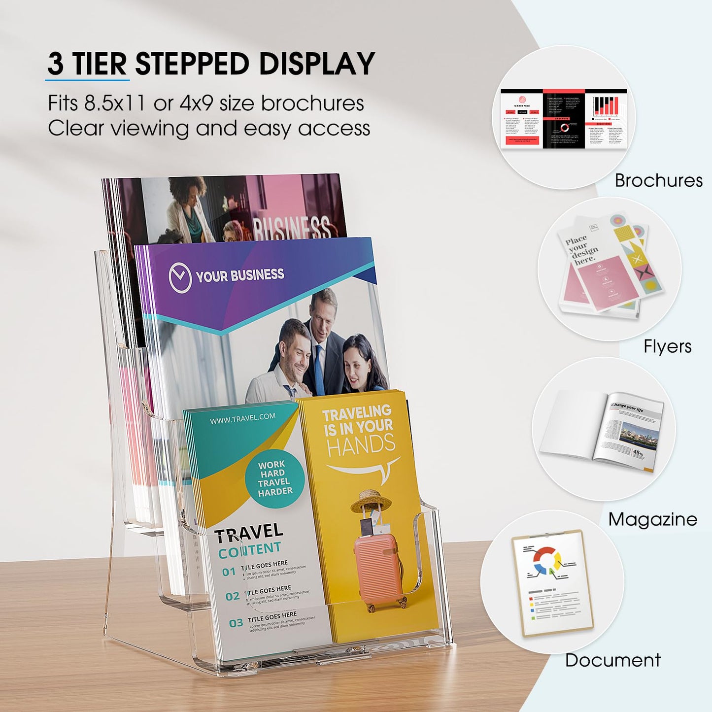KTRIO Acrylic Brochure Holder 8.5 x 11, 3 Tier Literature & Pamphlet Organizer with Removable Divider for 4 Inch Flyers, Clear Display Stand for Desk & Wall Mount, 2 Pack