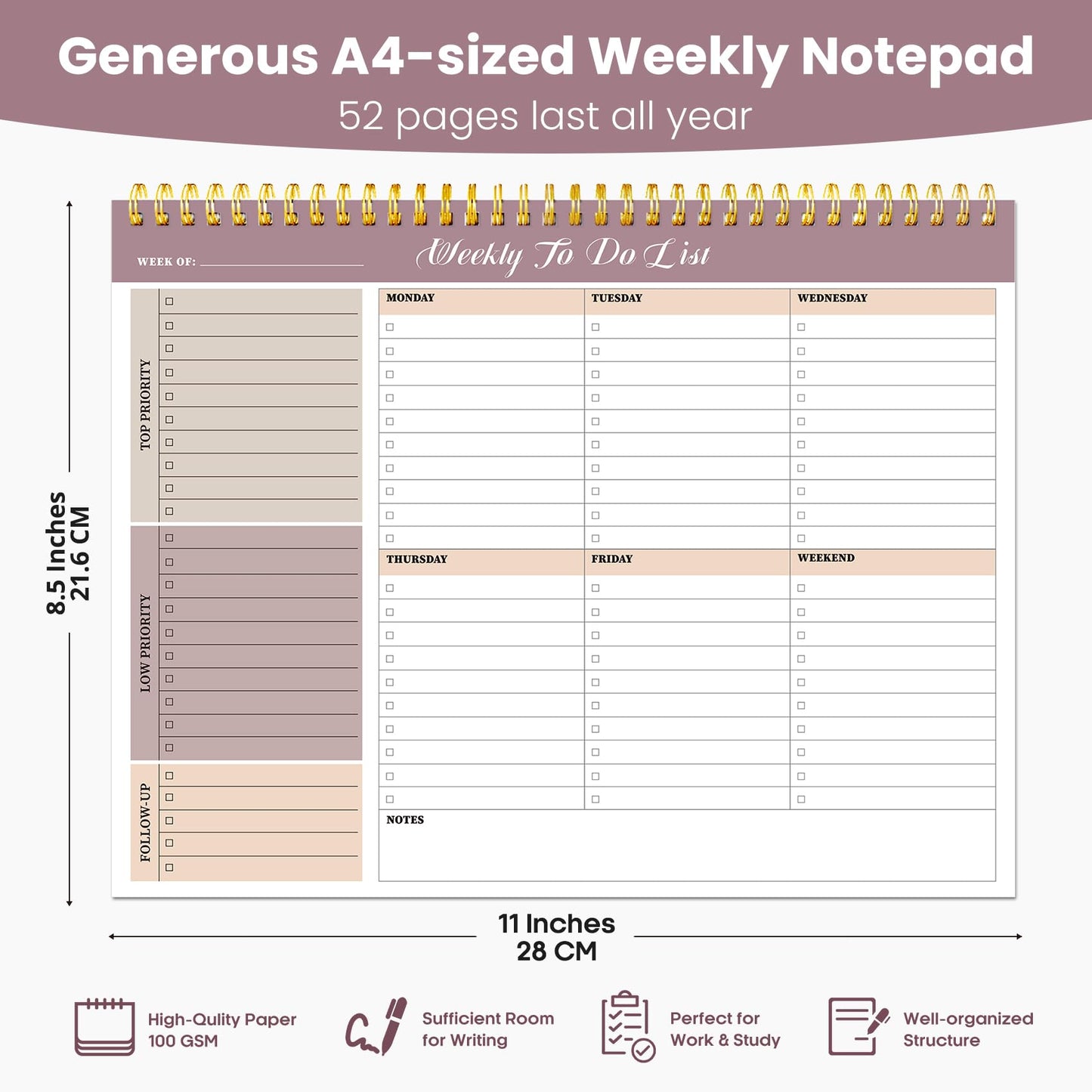 Weekly To Do List Notepad with 52 Undated Sheets（8.5"×11"）6 Pack - Undated Weekly Planner Notepad for Office Desk Accessories and Supplies - Multi