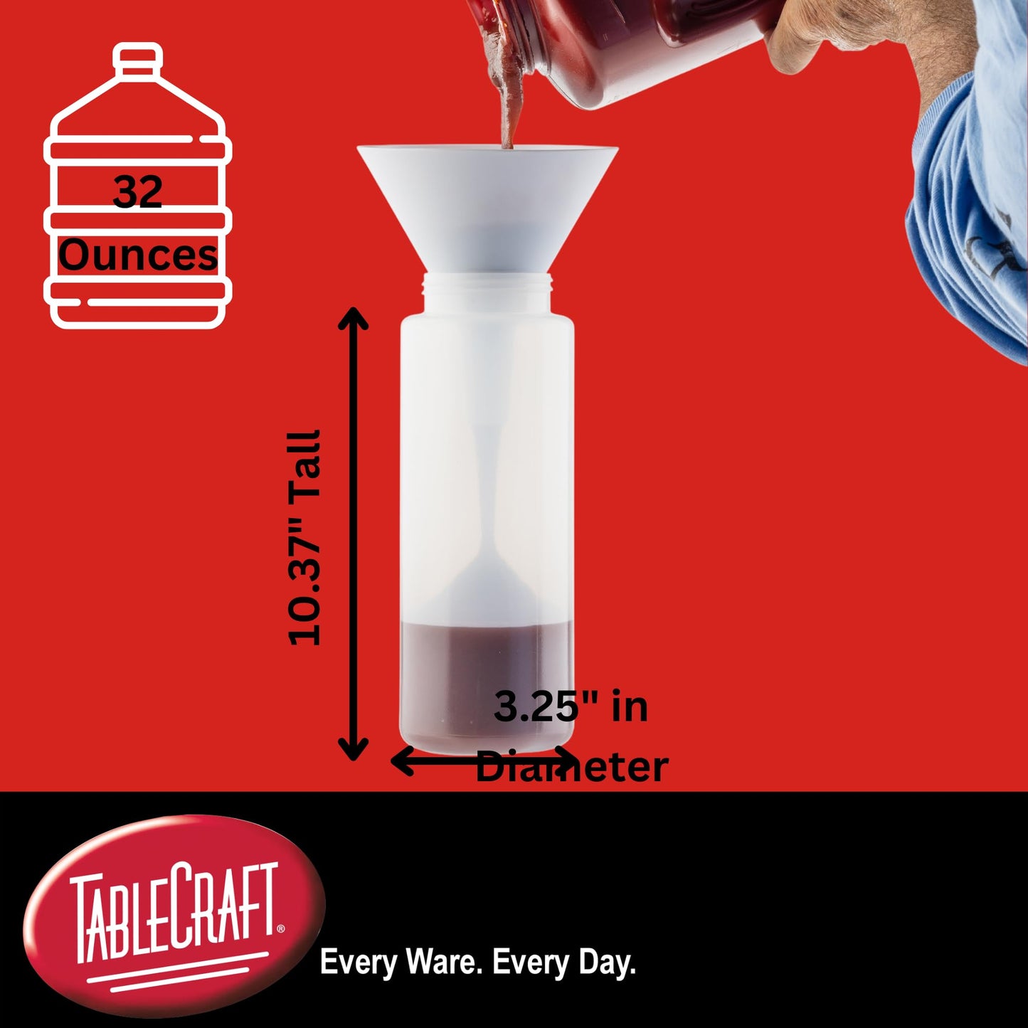 TableCraft 12634 Widemouth Condiment Squeeze Bottles, 63 mm Wide Opening, Cone-Tip Top, Tethered Cap, Clear Sauce Dispensers for Food Prep, 32 oz (946 mL), NSF, Made in USA, Pack of 6