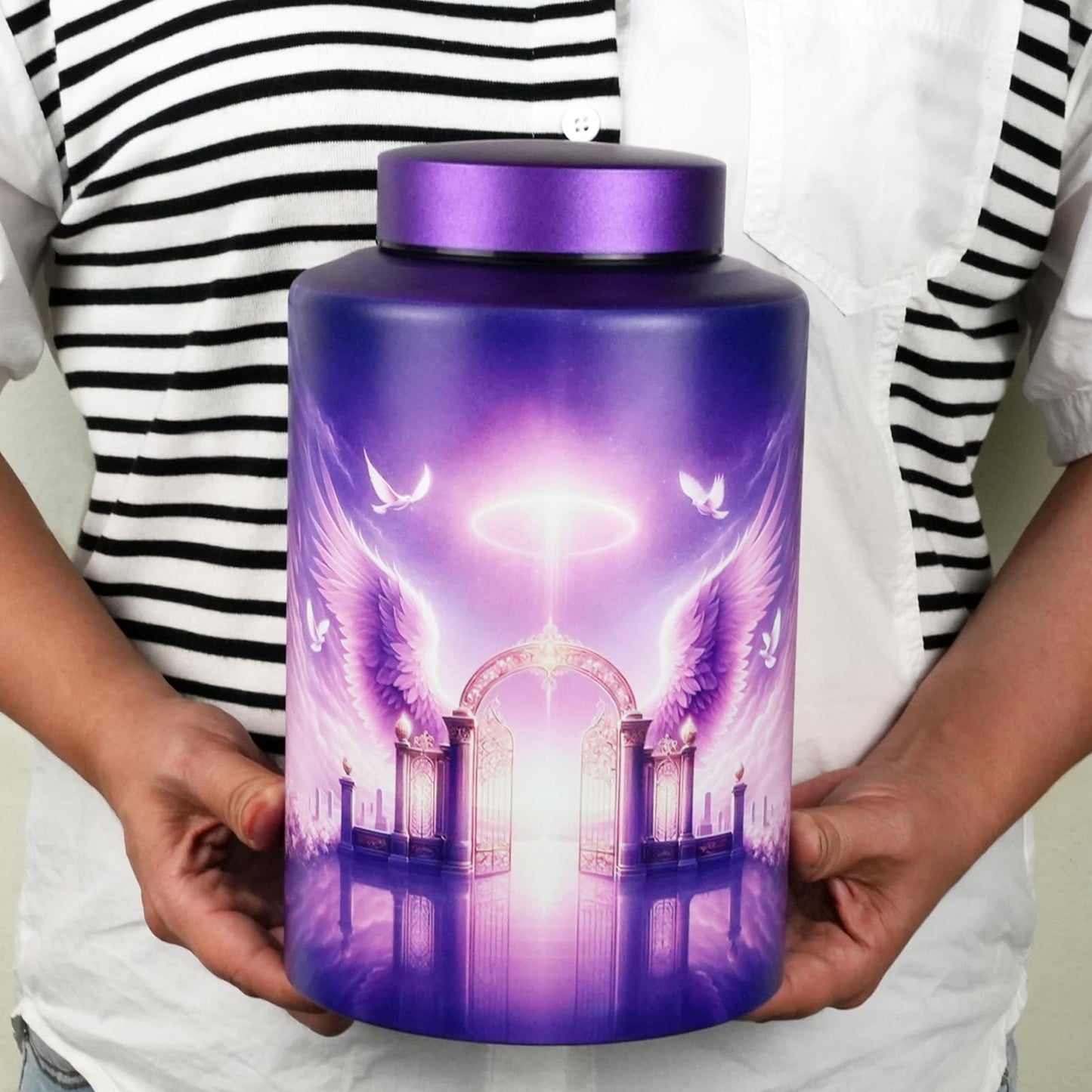 Large Stainless Steel Urns for Adult Human Male Female Ashes, Decorative Funeral Cremation Urn for Women Man Remains, Waterproof Keepsake Memorial Ash Box for Home Decor,Burial(Gate of Heaven)
