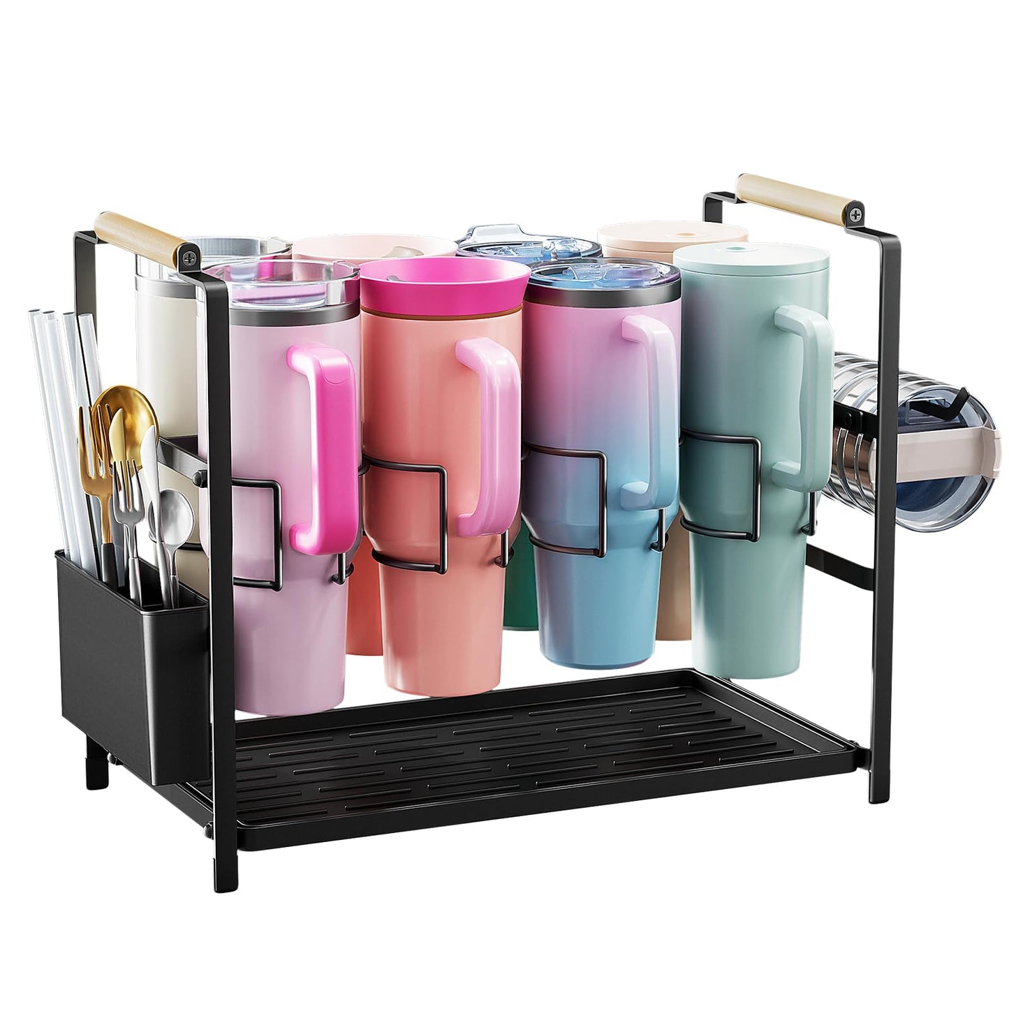 Housolution Water Bottle Organizer Drying Rack for 40 oz Tumbler with Handle, Multifunctional Cup Storage Holder Compatible with Stanley, Owala, Simple Modern and Other Brands, 8 Slots (Patented)