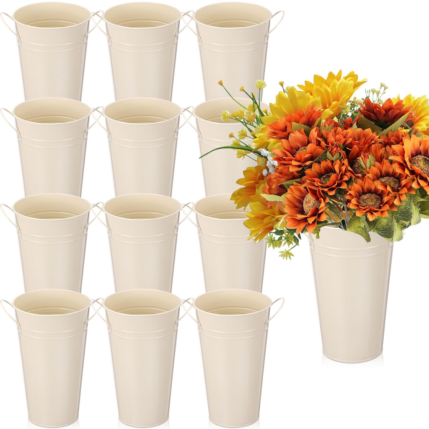 Chumia 12 Pcs Galvanized Flower Bucket 9 Inch Metal Vase Farmhouse Rustic French Flower Bar Bucket with Handles for Home Floral Centerpiece Container Wedding Table Decor(Beige)