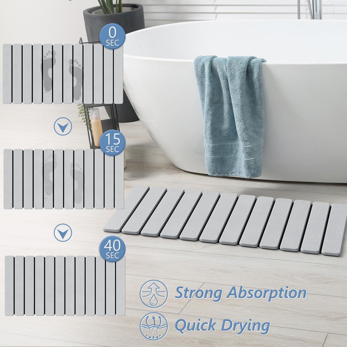 AWW Foldable Stone Bath Mat, Quick Dry Diatomaceous Earth Bath Mat with Non-Slip Mat, Super Absorbent, Easy to Clean, Compact for Small Bathrooms, 31.5 x 15.7, Light Grey