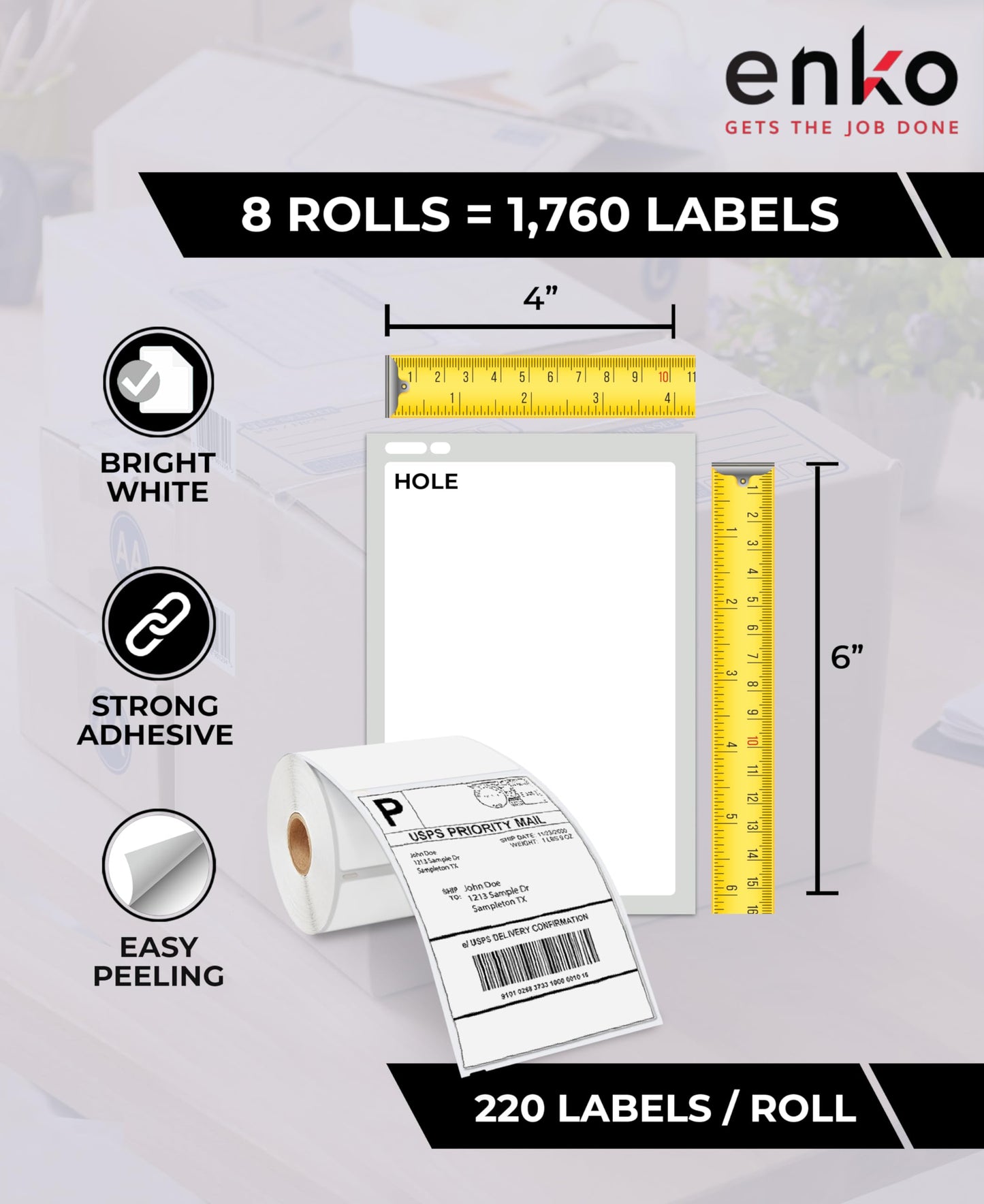 enKo 4 x 6 inches 1744907 Address and Shipping Labels Compatible with Dymo Labelwriter 4XL and Zebra Direct Thermal Printers (8 Rolls, 1760 Labels)