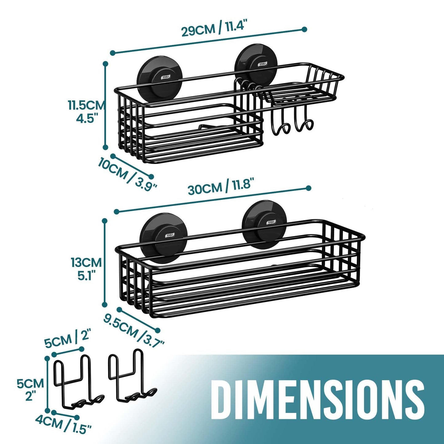 TAILI Shower Caddy Suction Cup 2 Pack with Hooks & Soap holder, Heavy Duty Shower Organizer for Bathroom, No Drilling Bathroom Organizer with Large Capacity, Black Metal Storage Basket