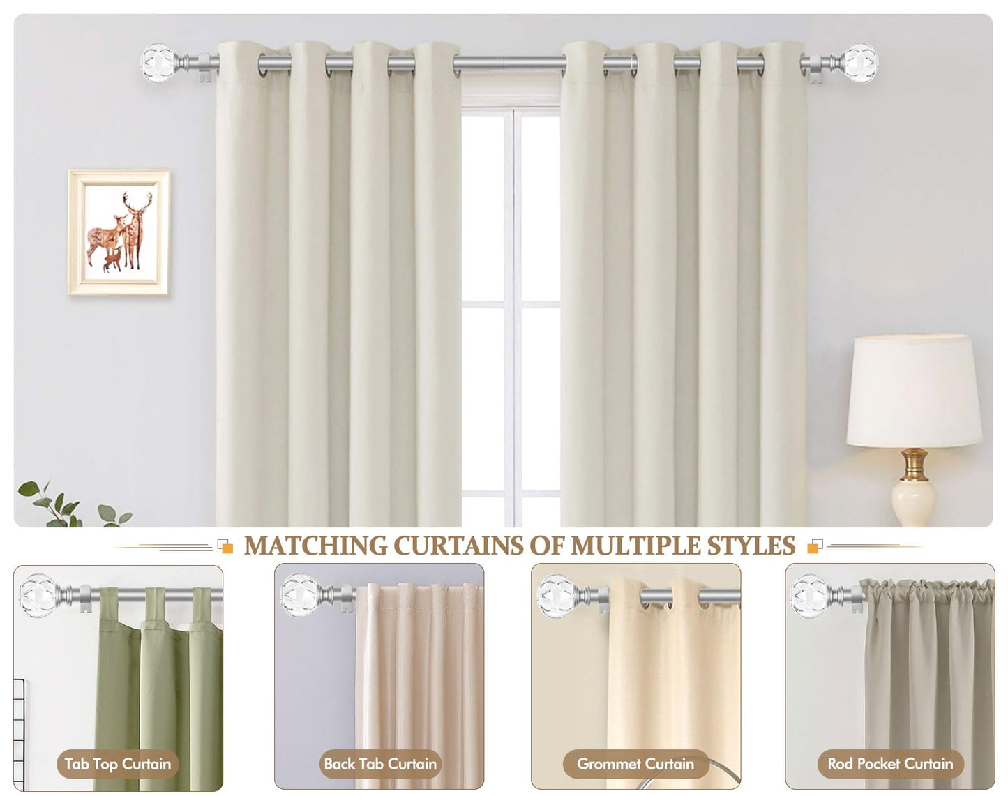 KAMANINA Silver Crystal Curtain Rod 72 to 144 Inches (6-12 Feet), 1 Inch Heavy Duty Curtain Rods for Windows, Telescoping Long Drapery Rods with Acrylic Diamond Netted Texture Finials