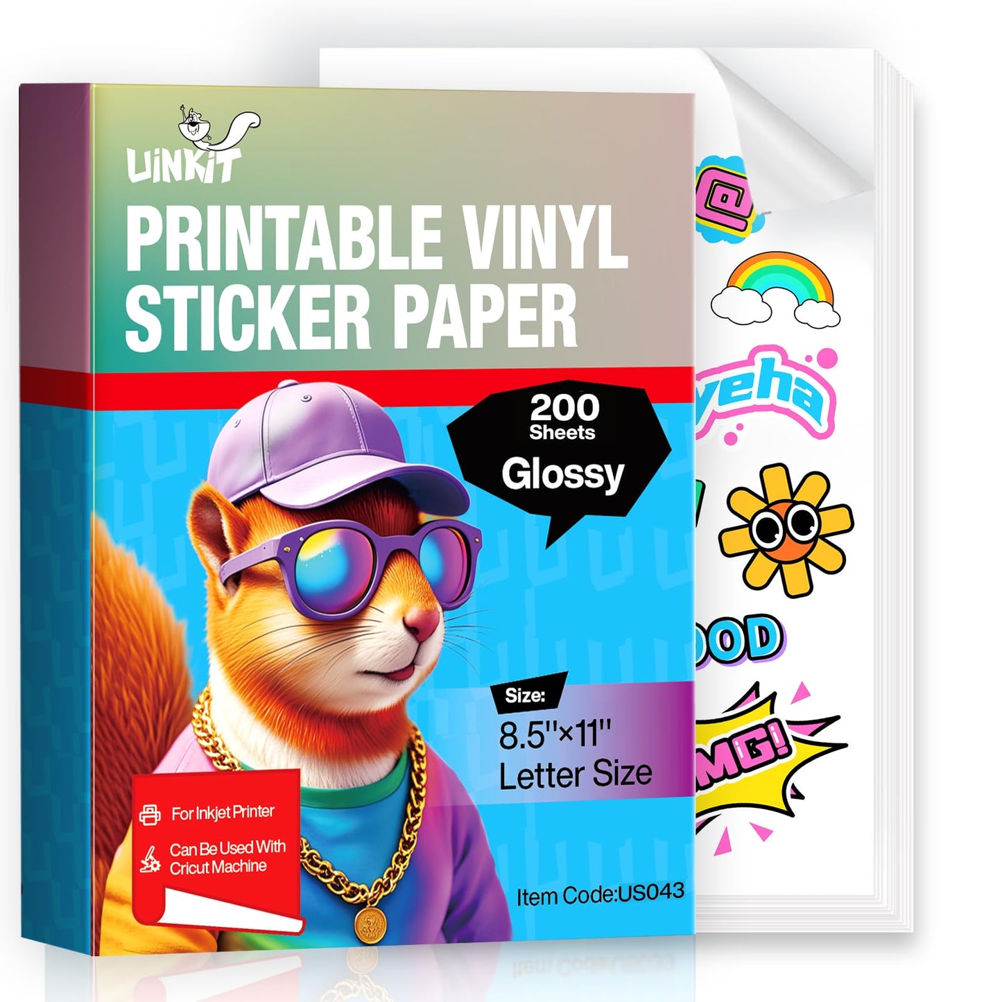 Uinkit 200 Sheets Premium Glossy Printable Vinyl Sticker Paper for Inkjet & Laser Printers - Waterproof, Quickly-Dries for Pet Photos & Kids Crafts, Tear-Resistant Decals (Letter Size 8.5"x11")