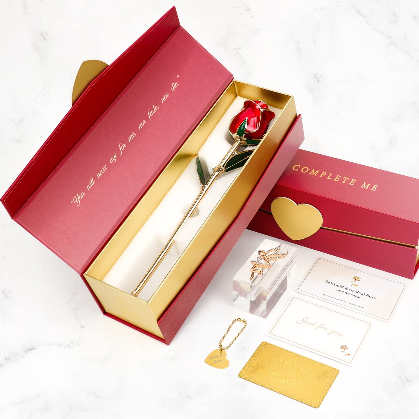 ihoomee Mothers Day Gifts Real Rose Dipped 24K Gold,Best Mothers Day Gifts for Mom Women,Forever 24k Rose with Crystal Stand-Red