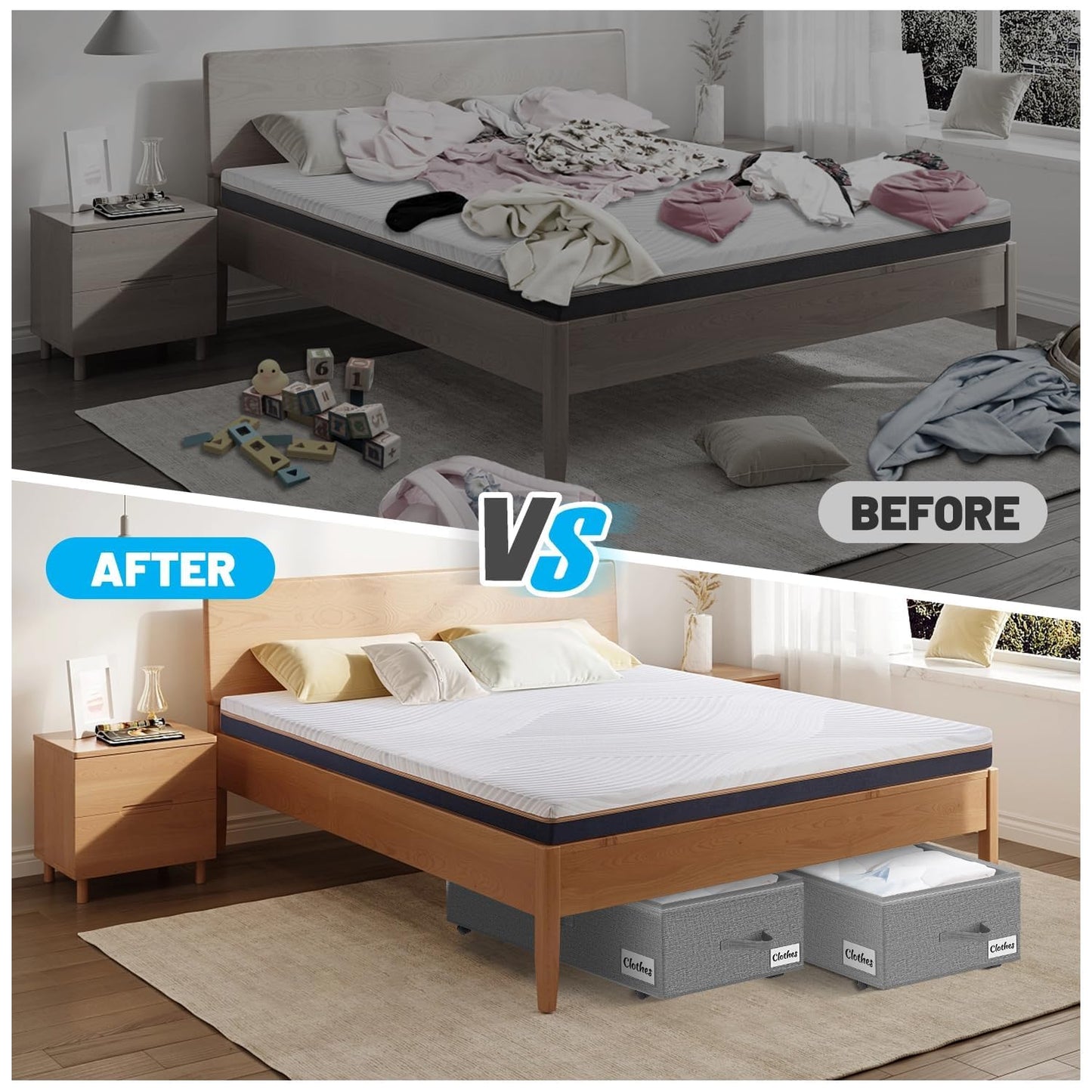 Under Bed Storage with Wheels, 2-Pack 10" Height XXL 75L Rolling Storage Bins, Quick Assembly Underbed Shoe Storage Containers with Clear Lid & Label, Dorm Under Bed Drawers for Clothes, Shoes, Grey
