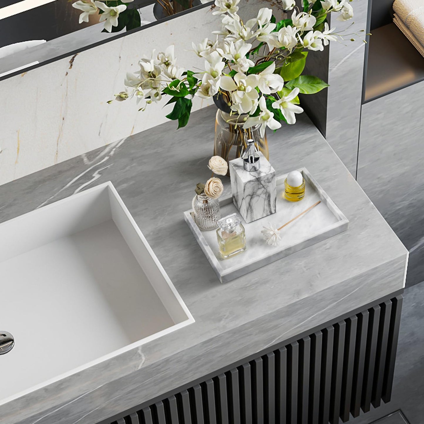 Zilukar Real Natural Marble Tray for Bathroom, Vanity, Kitchen and Desktop, Rectangle Genuine Marble Stone Tray for Jewelry, Cosmetics, Candles, Lotion, Perfume and Home Decor