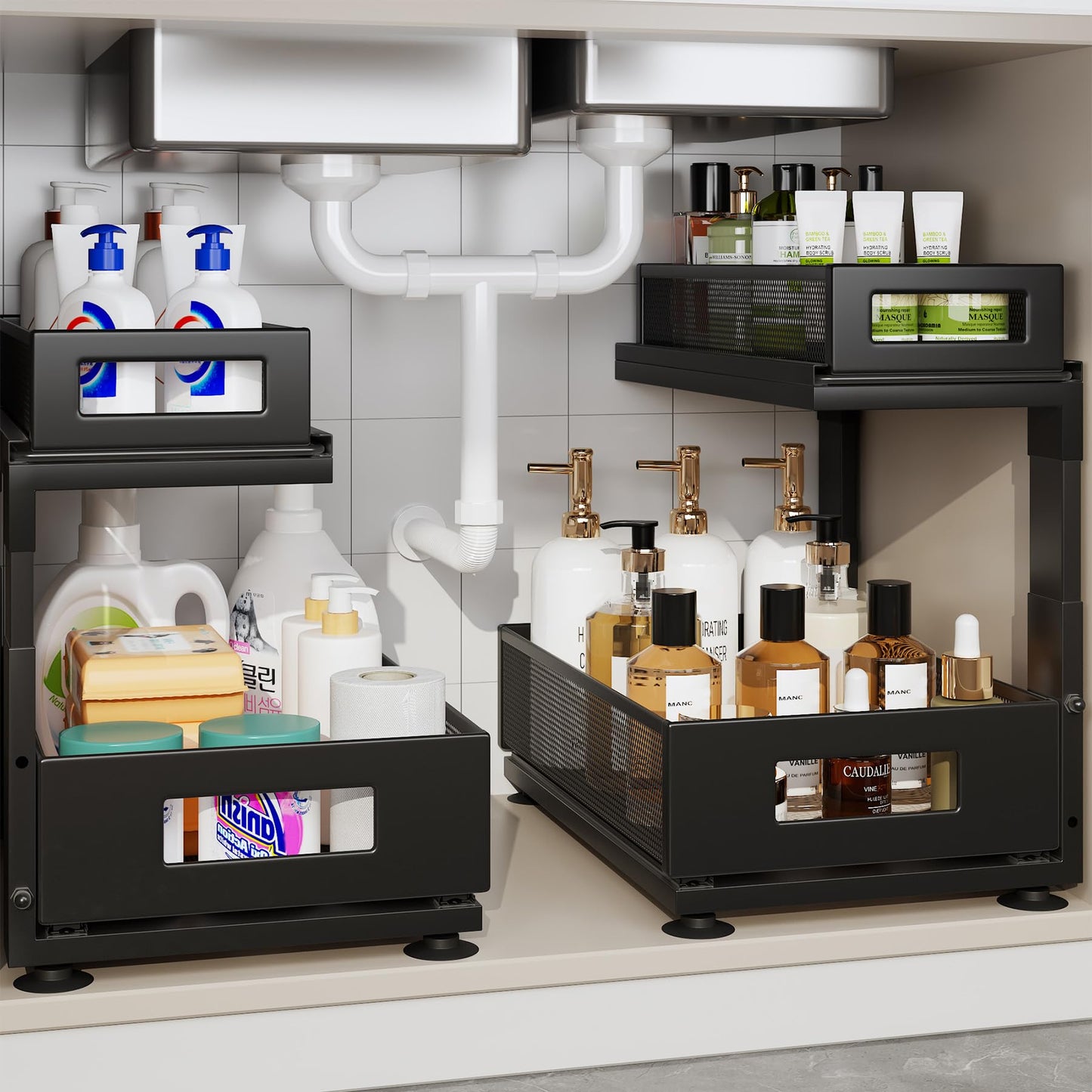 Corbyles 2 Pack Under Sink Organizer with Next-Gen Ball-Bearing Slides,2-Tier Pull Out Cabinet Storage,Height Adjustable Drawer Shelf for Bathroom,Kitchen,Laundry,Cabinet,Pantry(Patent Pending)