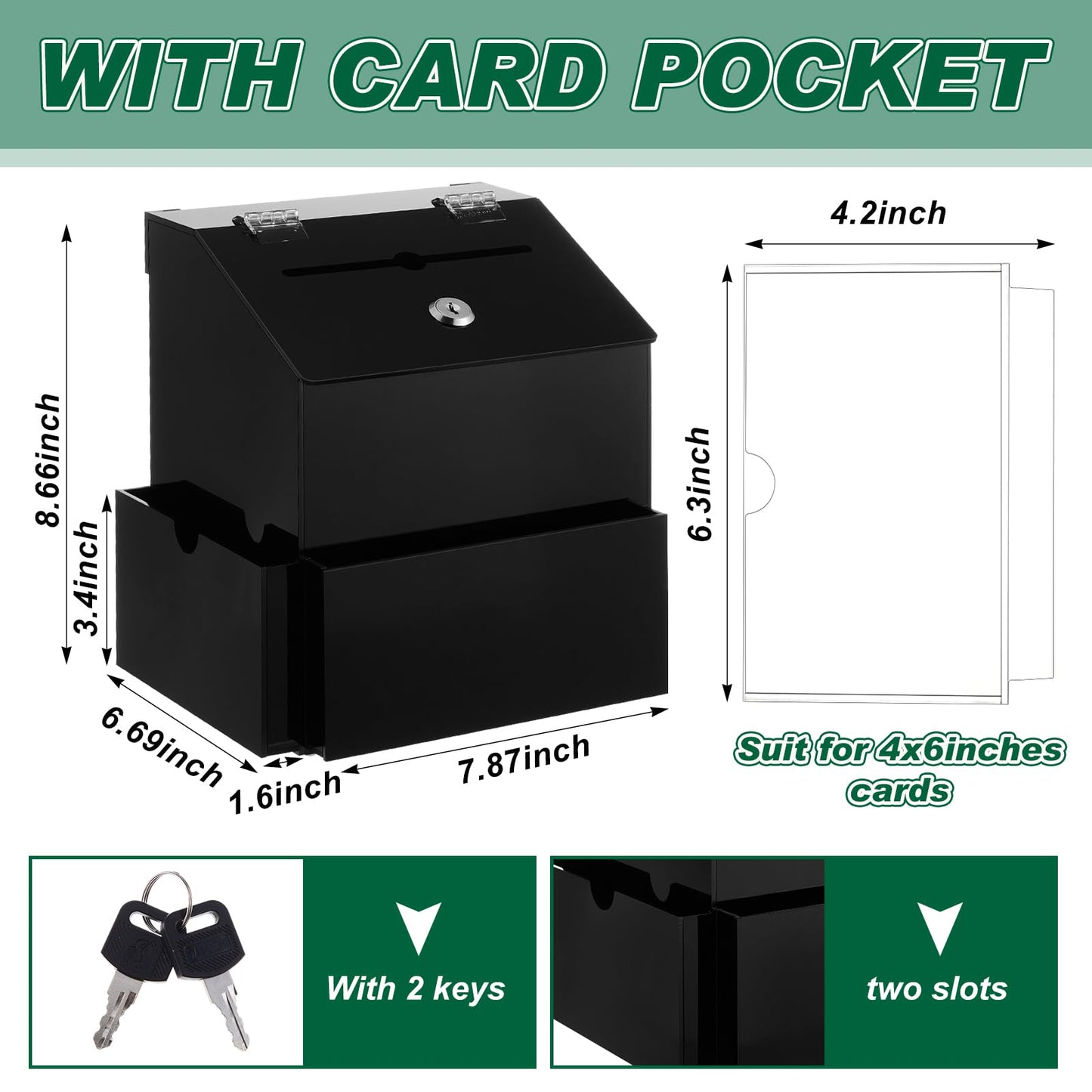 Juexica Suggestion Box, Acrylic Black Donation Box with 2 Slots and Lock, 7.9 x 6.7 x 8.7 Inches Raffle Jar with Sign Plate, Ballot Prayer for Fundraising Tip Drop, Voting, Charity