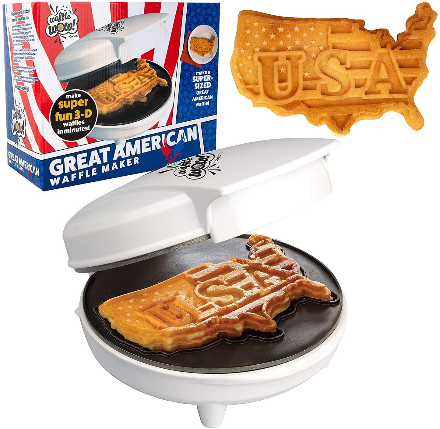 Great American USA Waffle Maker- 4th of July Must Have- Giant 7.5" Patriotic Waffles Pancakes- Electric Nonstick Waffler Iron- America Spirit Party, Summer Breakfast Baker w Recipes- Dad Novelty Gift