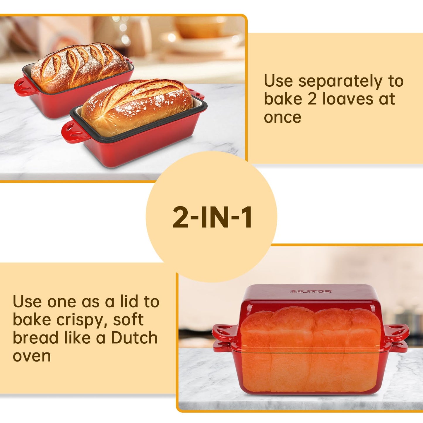 AILITOR 9x5 Enameled Cast Iron Loaf Pan with Lid - 2 in 1 Homemade Sourdough Bread Baking Pan