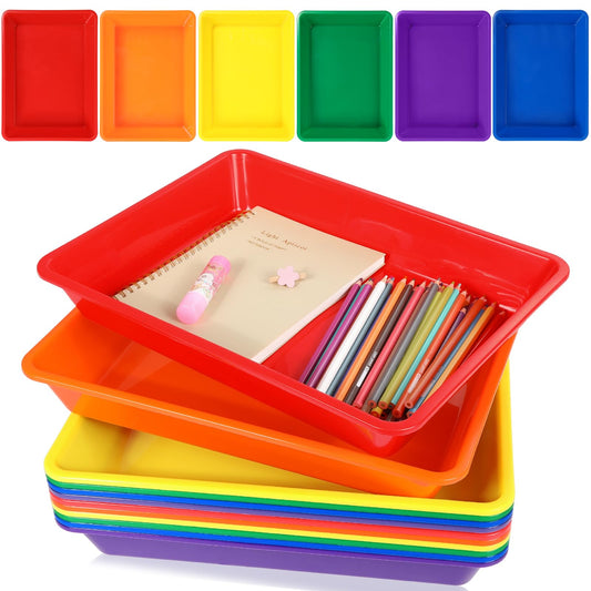 12 Pack Letter Size Flat Storage Paper Tray Organizer Bin Tray Plastic Stackable File Organizer for Classroom Library School Office Teacher Desktop Book Organization (Rainbow)