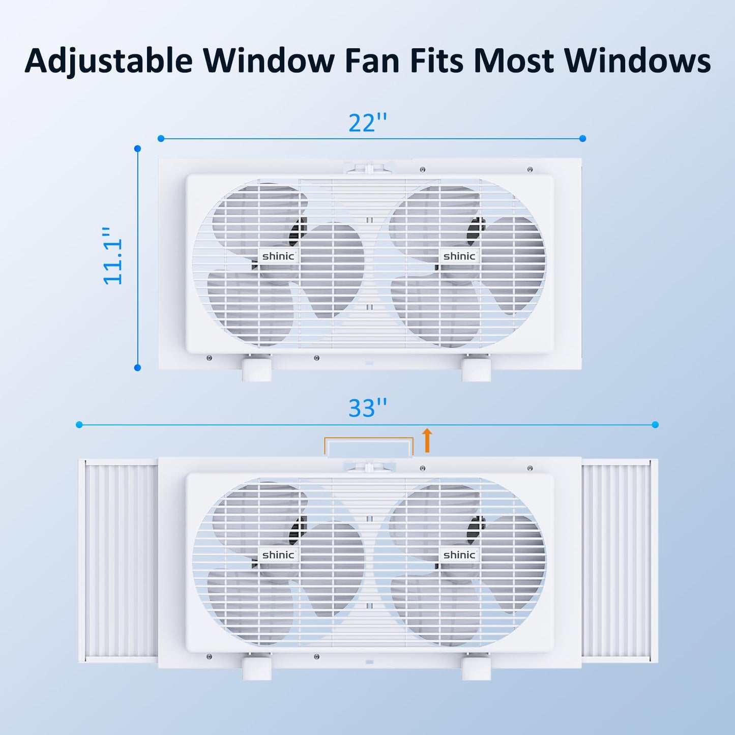shinic 9" Dual Window Fan with Manual Reversible Airflow, 2-Speeds Twin Fans, Expandable Panels (22"-33"), Built-in Handle & Removable Feet, Ideal for Home, Kitchen, Bedroom, Office Ventilation