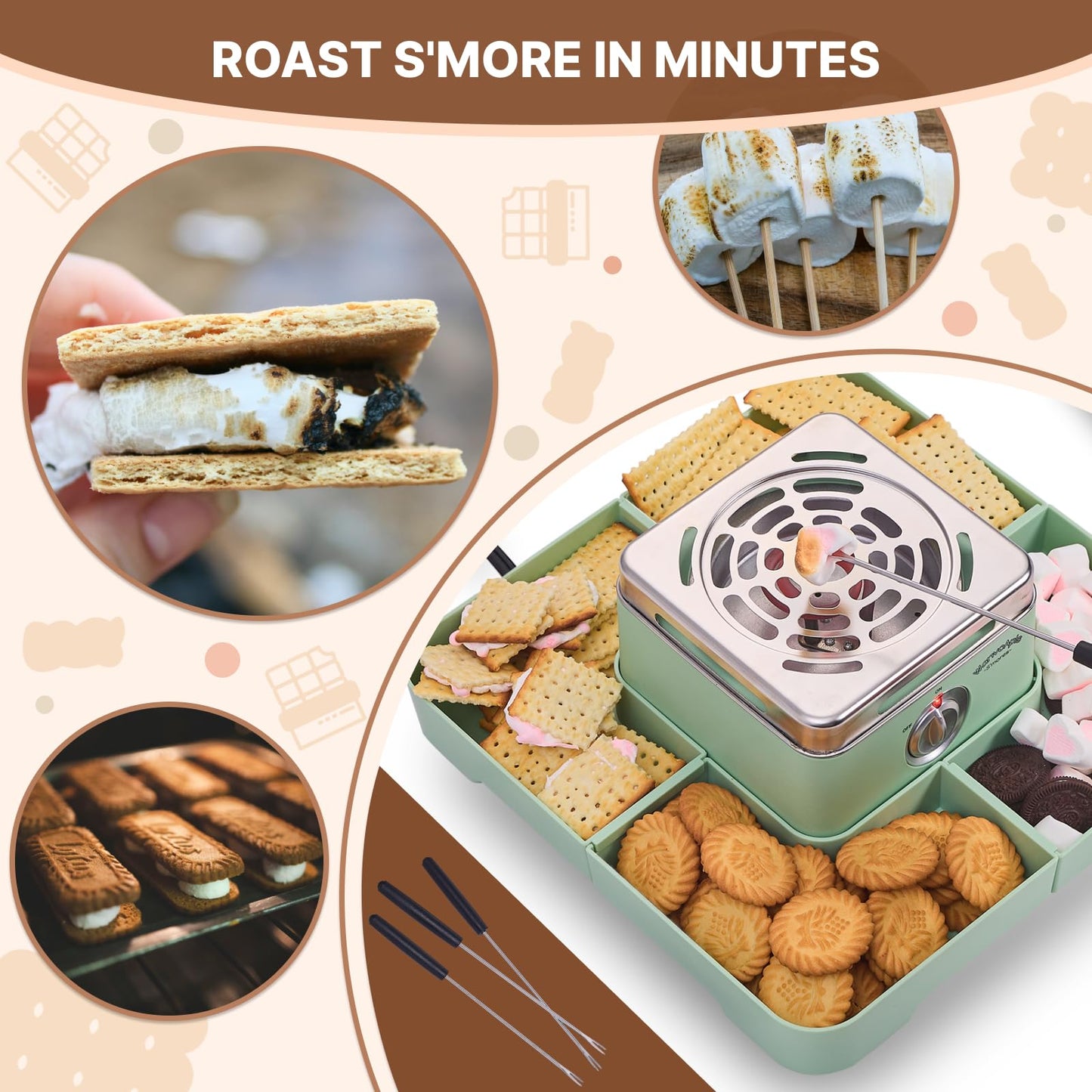 Electric Smores Maker - Indoor Smores Kit with 4 Detachable Trays, 4 Stainless Steel Forks - Flameless Smores Maker Tabletop Indoor Kit (Green)