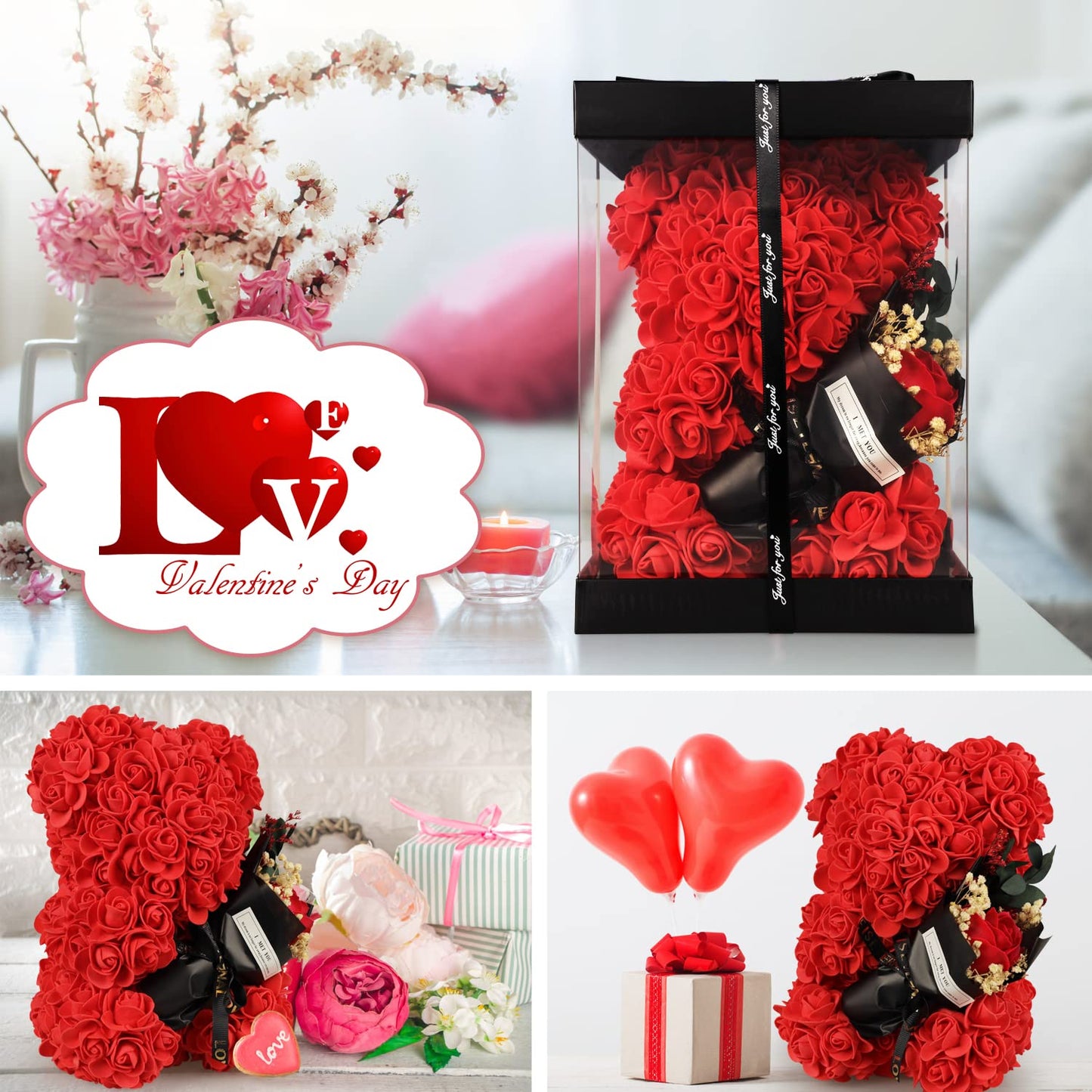 Rose Bear Gifts for women, Rose Bear Artificial Rose with I Love You Necklace Teddy Bear, Romantic Flower Bouquet Gift for Wife, Mom, Grandma, Perfect for Birthday, Mothers Day & Anniversaries