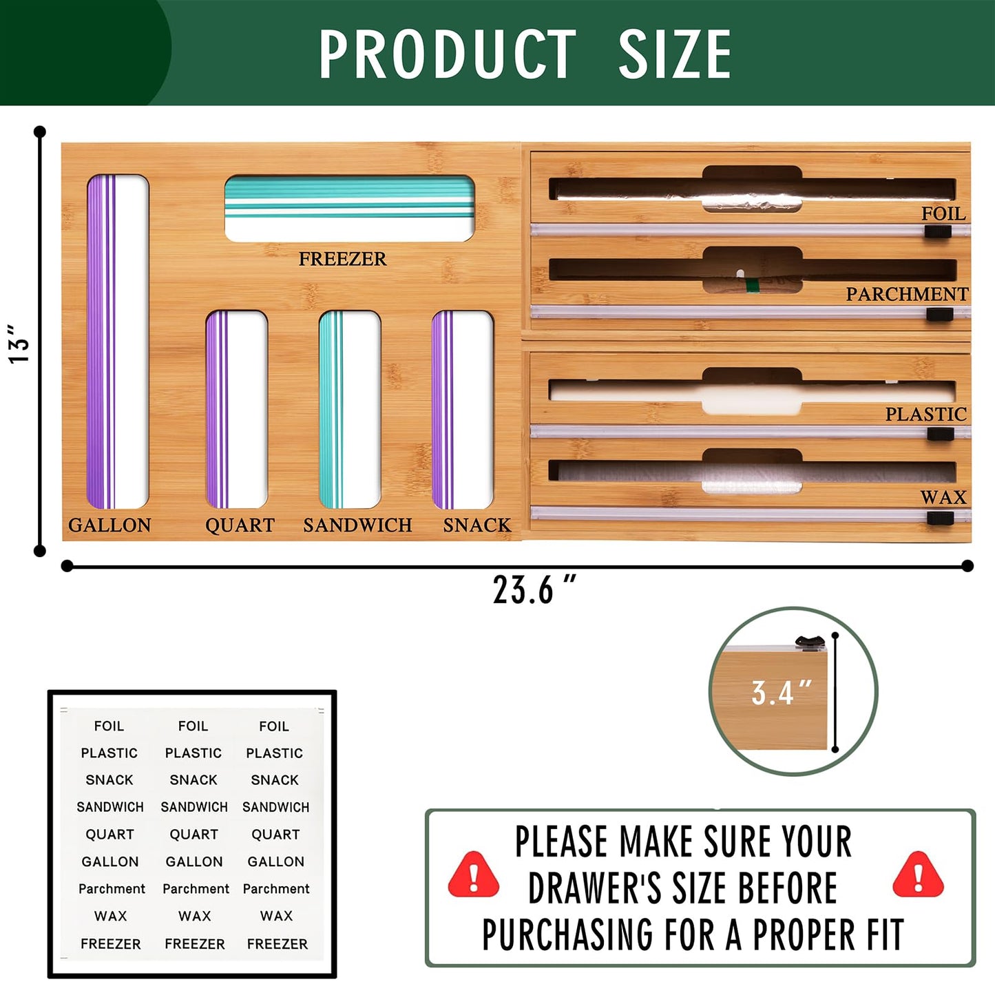 FifanQiQi 9 In 1 Storage Bag Organizer And Plastic Wrap Dispenser With Cutter, Bamboo Foil and Plastic Wrap Organizer