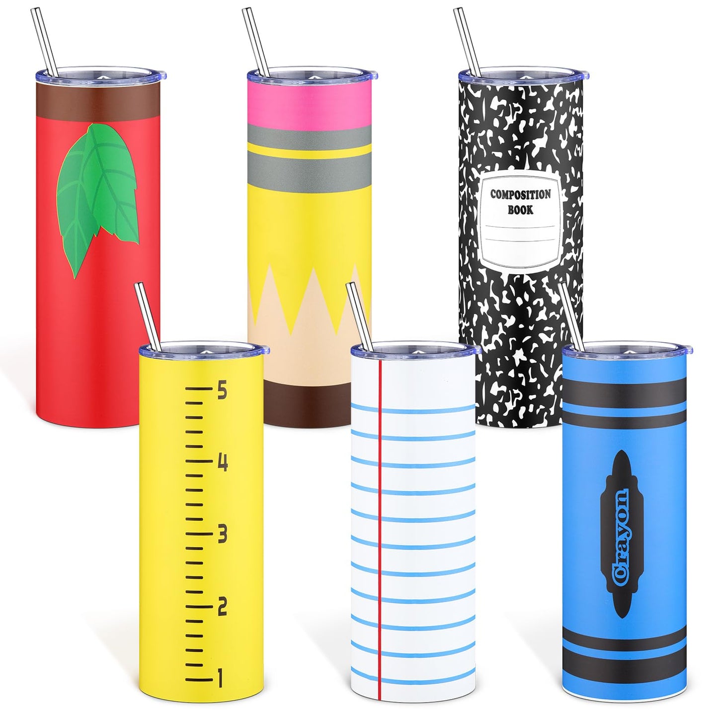 Geiserailie 6 Pcs Teacher Appreciation Gifts Composition Book Theme 20 oz Tumblers Bulk Kindergarten Teachers Thank You Gift Cups for Women Preschool Teacher's Day Classroom Retirement Party Favors