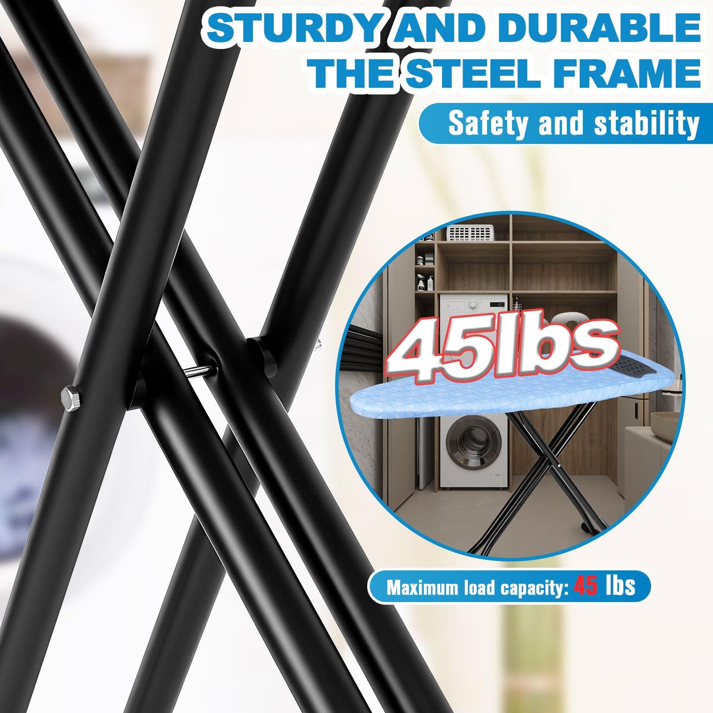 Ironing Board with Silicon Iron Mat Heavy Metal Frame Legs Iron Stand for Home, Laundry Room, Foldable Compact Ironing Board Wall Mount Hanger, Height Adjustable, 13x43in