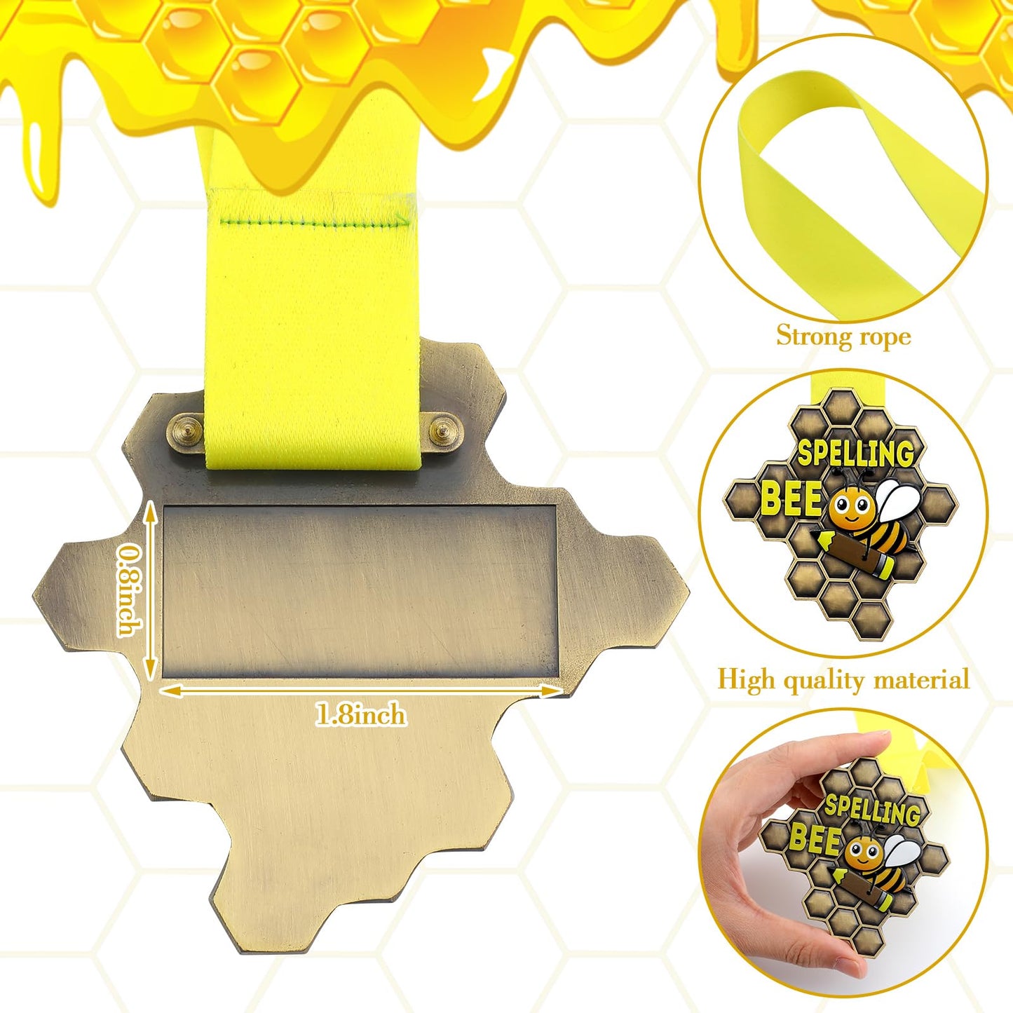 Zonon 12 Pcs Spelling Bee Medals Bulk Honeycomb Spelling Bee Award Medals with Neck Ribbon 3.23 x 3.15 Inches Spell Trophy for Back to School Competitions Party Supplies Winner Gifts