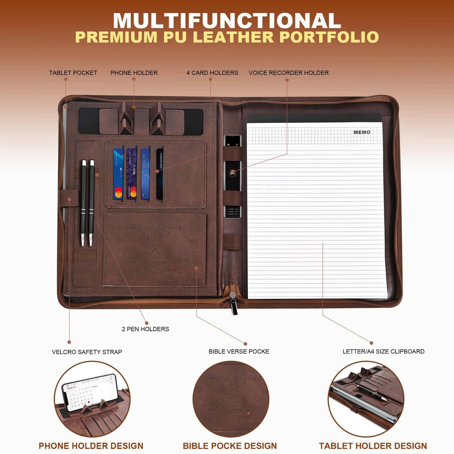 Leather Portfolio for Men and Women – Business Binder Portfolio, Professional Organizer for Men and Women, Christian Gifts, Laptop & iPad Case, Bible Notepad Holder (Brown)