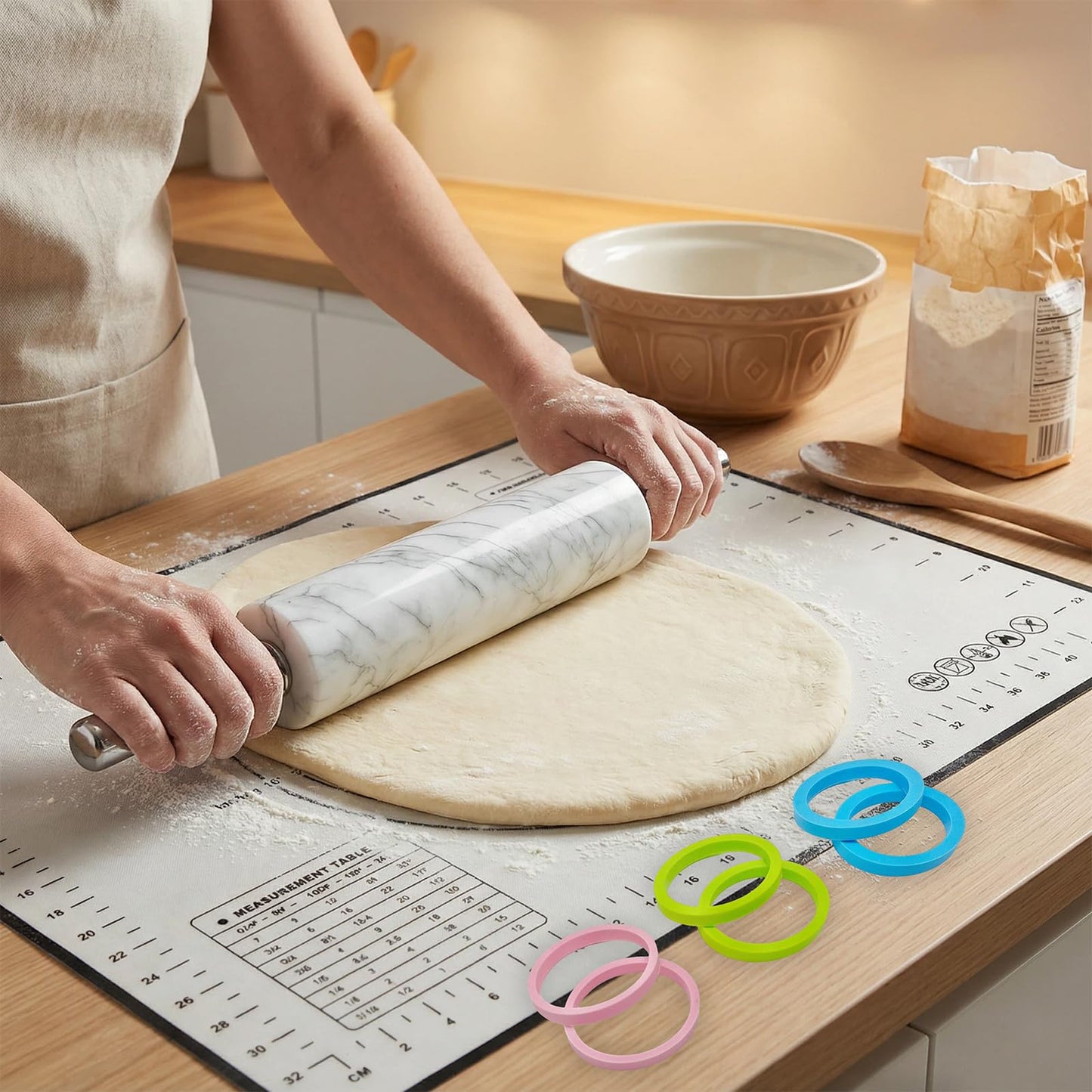 White Marble Rolling Pin with Stainless Steel Handles Baking Set - Silicone Baking Mat, Stainless Steel Dough Cutter, 3 Multicolor Thickness Guides & Wooden Base, Ideal for Pastry, Dough & Pizza