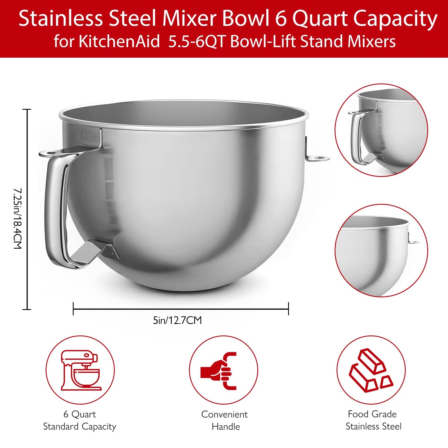 CHUDODO Stainless Steel Mixer Bowl, Compatible with KitchenAid Series 5.5-6 QT Lift Stand Mixer, Suitable for kV25, KP26, KB26,Dishwasher Safe, Heavy Duty, No Residue, Ergonomic Handle