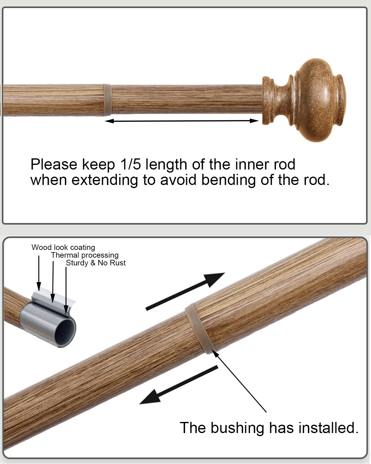 Wood Curtain Rods for Windows 48 to 84 Inch, 1 Inch Heavy Duty Curtain Rods with Imitation Wood Grain Finials, Boho Adjustable Drapery Rod, Decorative Farmhouse Rustic Single Window Curtains Rod