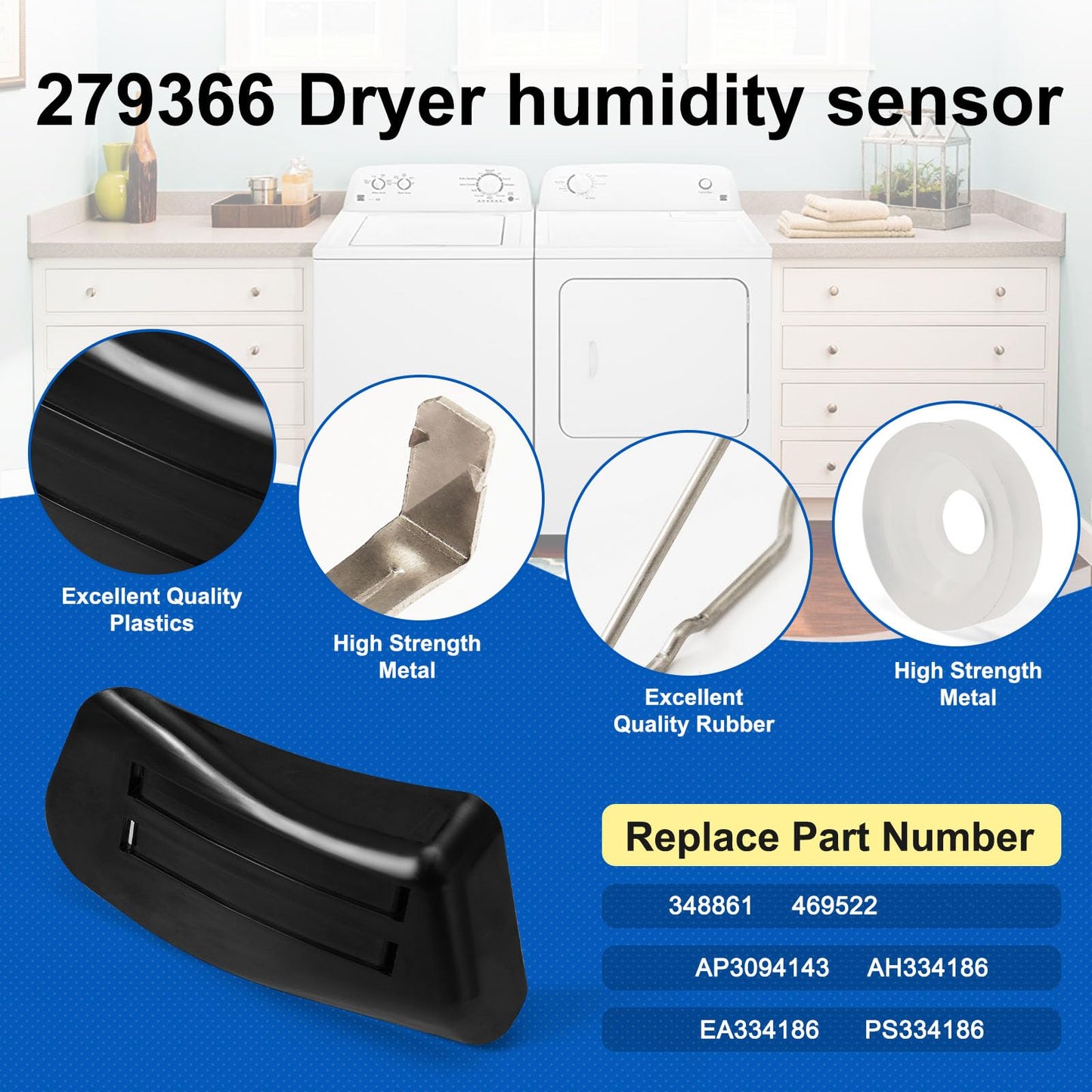 279366 Dryer Moisture Sensor Compatible with Whirlpool Kenmore Dryer 8LDR3822DZ0 10686294140 7MMEDC300DW, Dryer Humidity Sensor Replace 348861 469522 AP3094143 AH334186 EA334186 PS334186