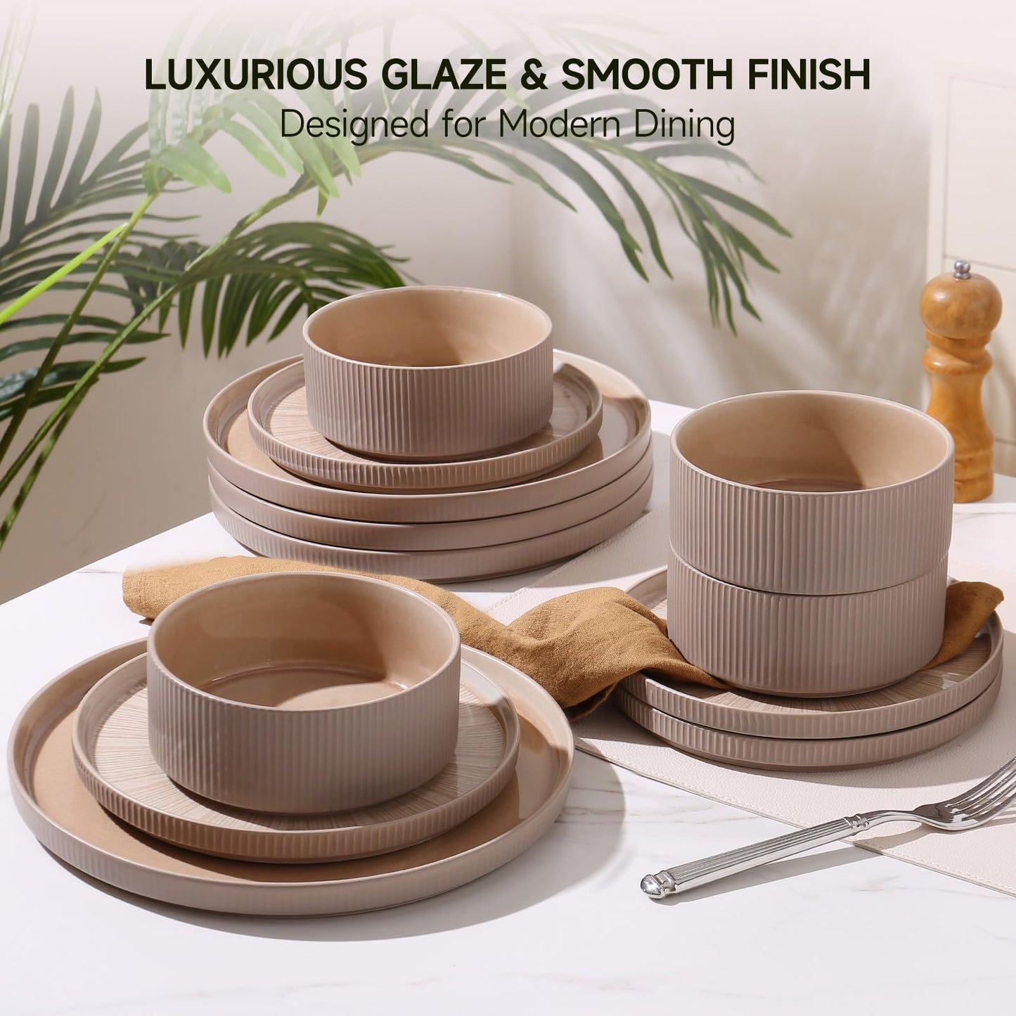 ALOFMO Dinnerware Sets for 4, Ceramic Plates and Bowls Set 12 Piece Dinnerware Chip Resistant Stoneware with Advanced Inkjet Printing Technology, Dishwasher and Microwave Safe-Dusty Brown