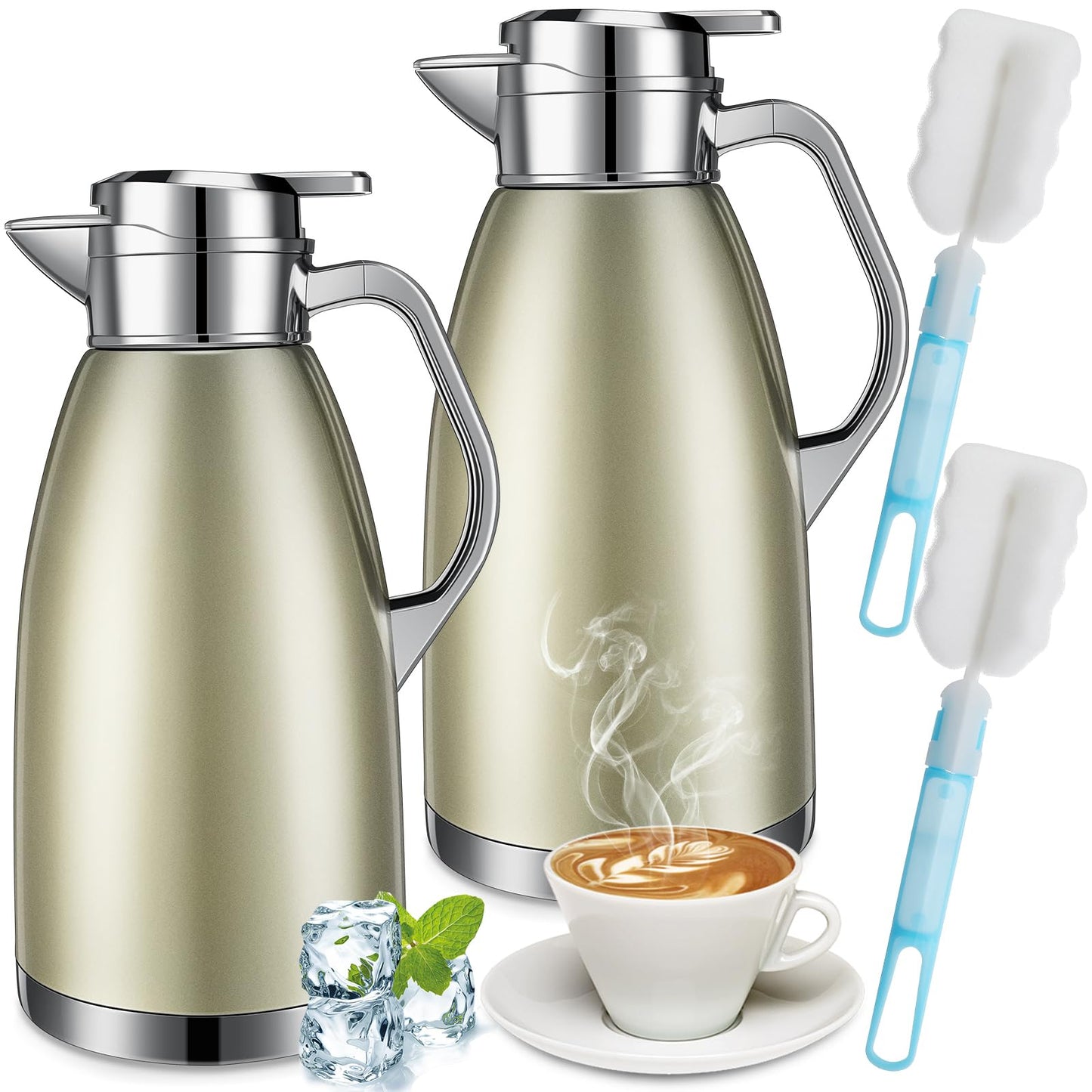 Tioncy 2 Pcs Thermal Coffee 78oz Insulated Carafe Hot Water Dispenser Stainless Steel Carafe for Liquid Coffee Tea Milk with 2 Brushes Keep 12 Hours Hot 24 Hours Cold(Gold)