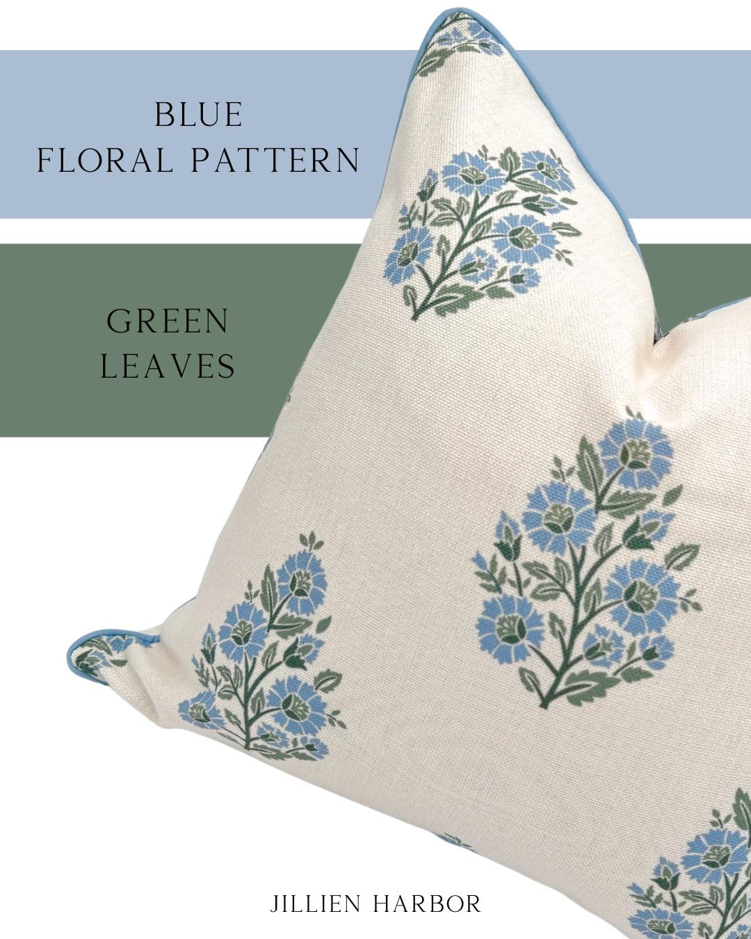 Jillien Harbor “The Camille” Floral Block Print Pillow Cover – Soft Blue and White Decorative Throw Pillow Cover – Grandmillennial Home Decor, 20" x 20"