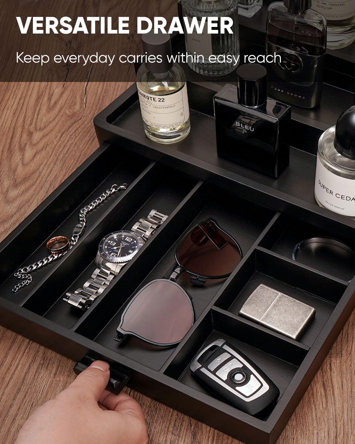 BRITEREE Cologne Organizer for Men, 3 Tier Wooden Cologne Stand with Drawer Storage and Hidden Compartment, Perfume Display Holder for Dresser, Great Gifts for Him Dad Fathers Day, Black