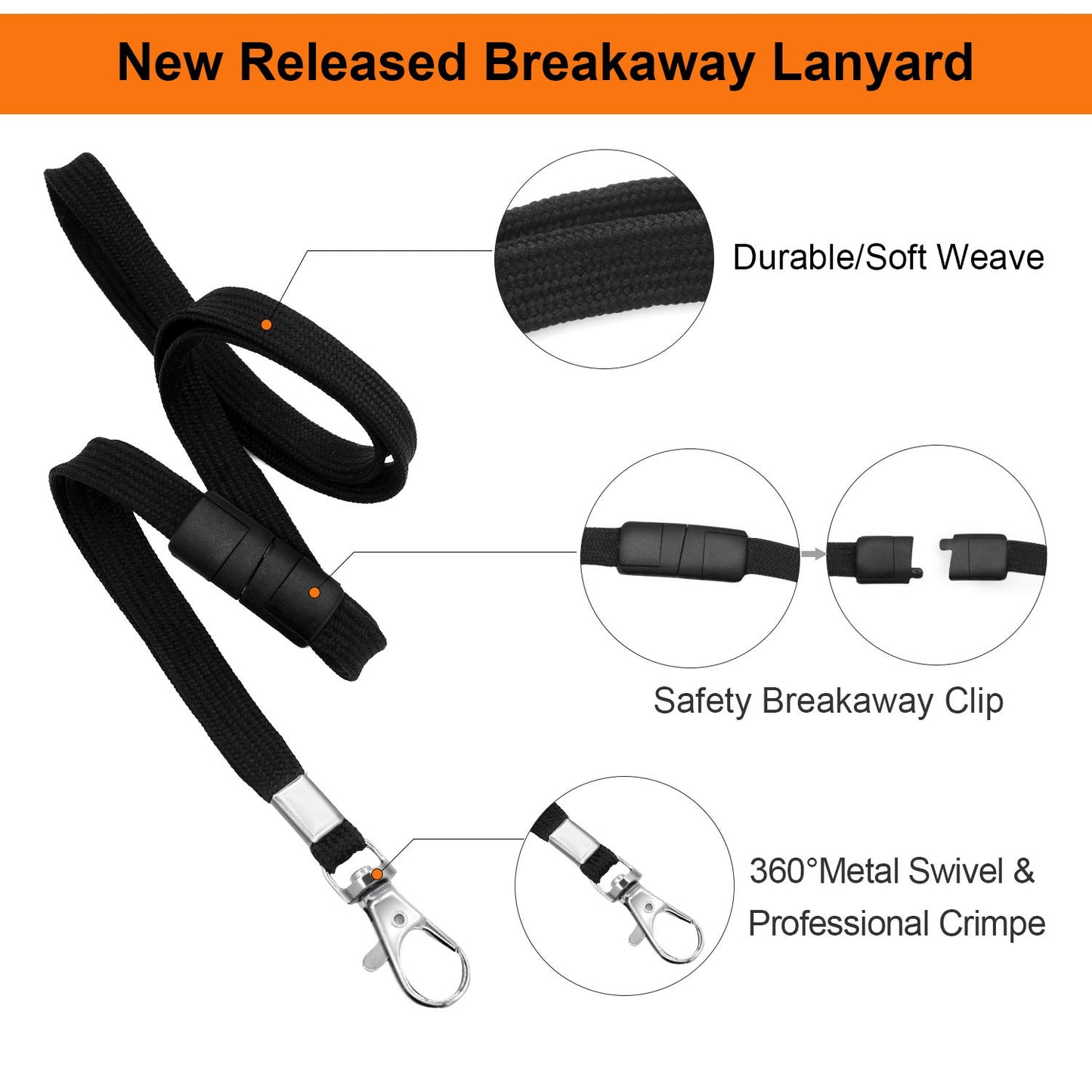 Fushing Breakaway Neck Lanyards Key Chain - Black Badge Lanyards for ID Badge Holders, Comfortable Neck Straps (100)