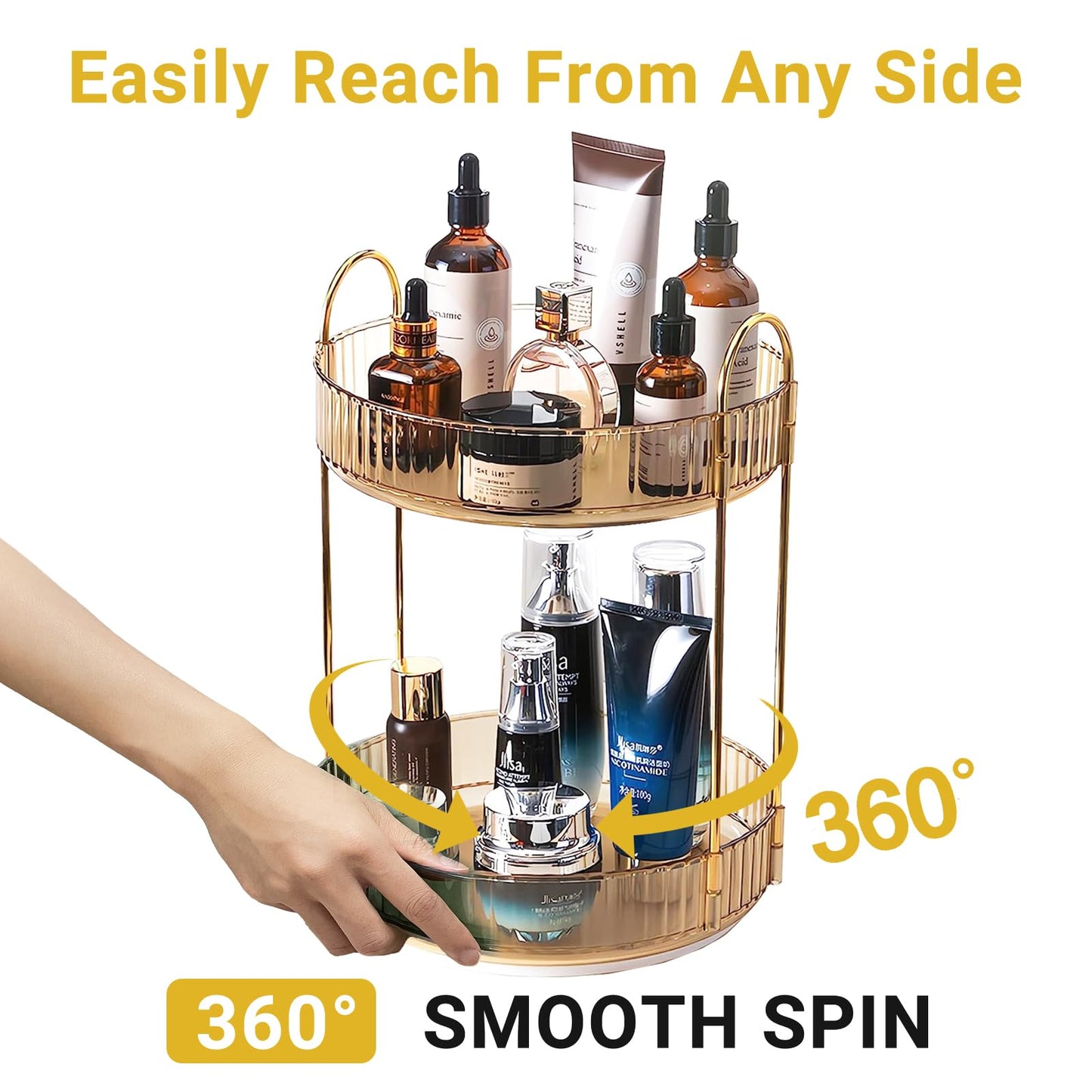 Asayuee 360 Rotating Gold Makeup Organizer,2 Tier Large Capacity Rotating Makeup Organizer,SkincarePerfume Organizer,Bathroom Cosmetics Storage Organizer Countertop (Gold-2 Tier)
