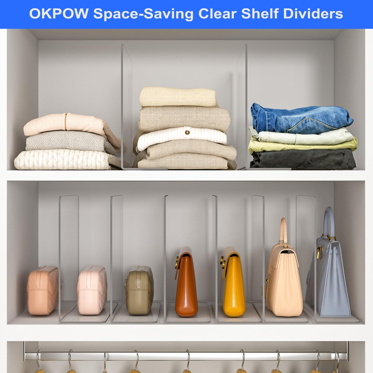 OKPOW Shelf Dividers Closet Organizer - 12" Tall X 11.8" Deep Acrylic Clear Sturdy Separate for Clothes Purse - Adjustable Space Saver Easy Install for Home Organization Enthusiasts 8 Pack