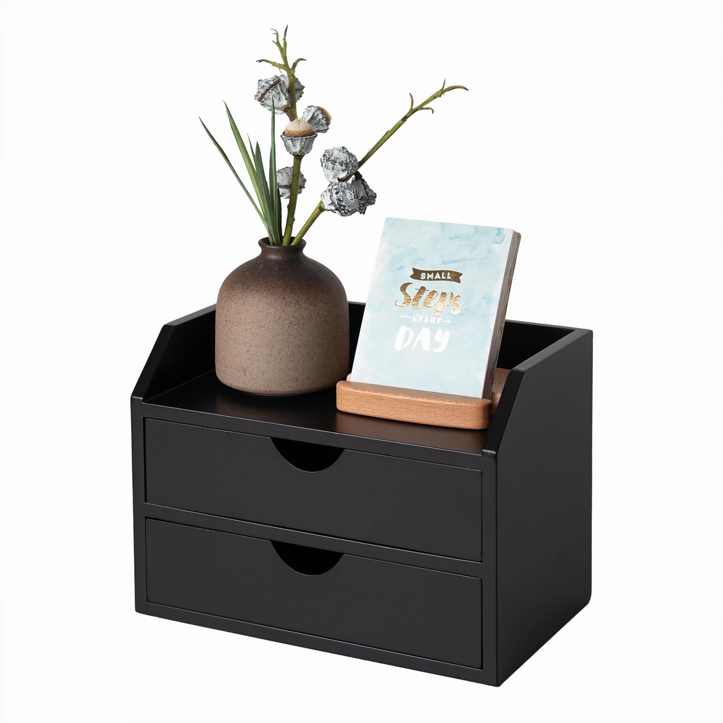 ROSE BLOOM Black Wood Desk Organizer with 2 Drawer, Mini Cute Cabinet with Storage Shelf for Tabletop, Small Desktop Box Organizer for Cosmetic Office Supplies