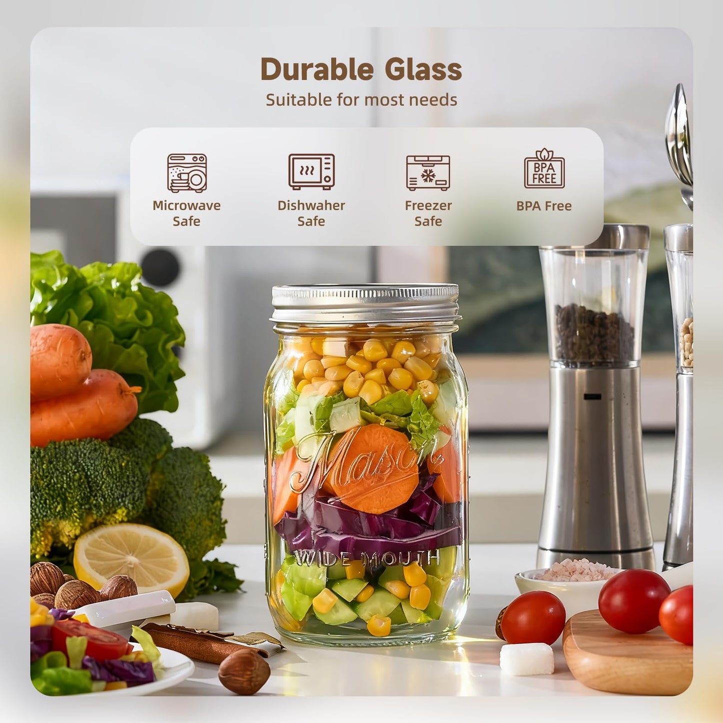 Dralaw Mason Jars 32 oz,6 Pack Large Wide Mouth Mason Jar with Airtight Lids and Bands|Quart Glass Canning Jars for Pickling, Fermenting and Food Storage Microwave&Dishwasher Safe