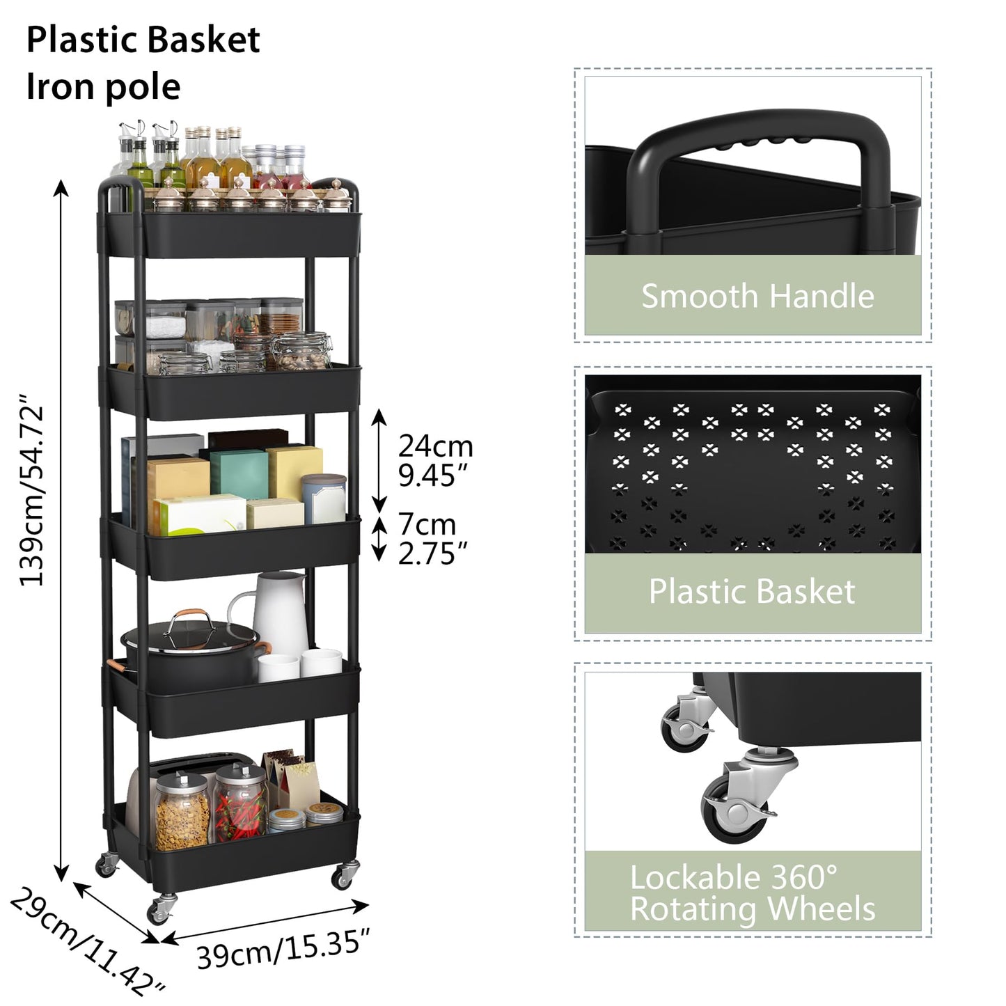 Sywhitta 5-Tier Plastic Rolling Utility Cart with Handle, Multi-Functional Storage Trolley for Office, Living Room, Kitchen, Movable Storage Organizer with Wheels, Black