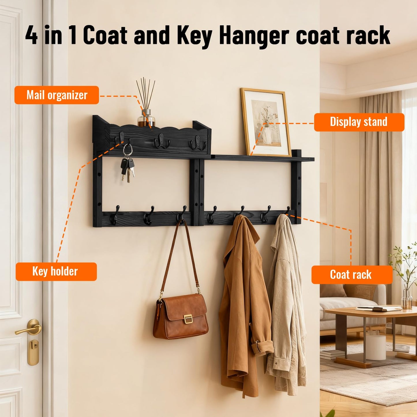 Dellicasi 28" Coat Rack Wall Mount with Shelf, Entryway Key Holder Wall Mount Wood Wall Coat Hooks with 7 Hooks 3 Key Hanger, Wall Mounted Coat Rack Mail Holder for Living Room, Bedroom