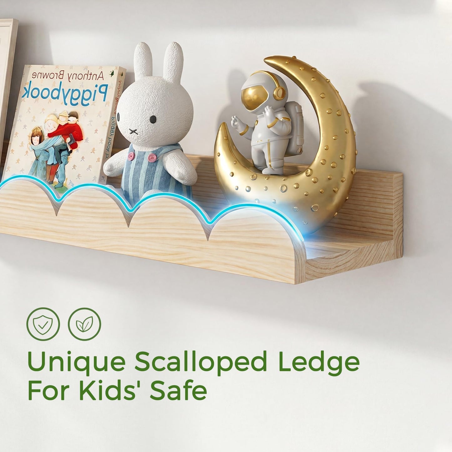 CLLASOU 24 Inch Floating Shelves for Wall, 4-Pack Nursery Book Shelves with Hooks, Scalloped Shelves, Wall Book Shelves for Kids Room, Baby Room, Bedroom, Nursery Decor