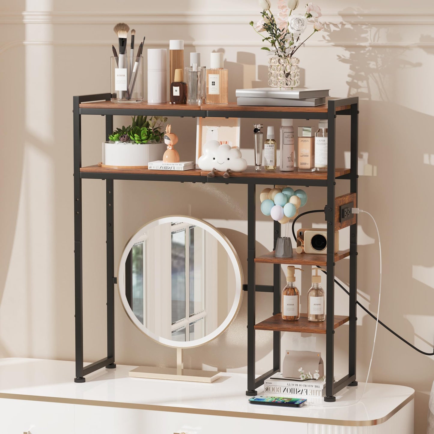 Aetheris Desktop Organizer Shelf, 30" Wooden Office Storage Rack with Outlets, Display Shelf Rack with Light Strip, 5 Tier Desktop Display Rac, Desk Shelf, Desk Hutch for Computer Monitor, Brown